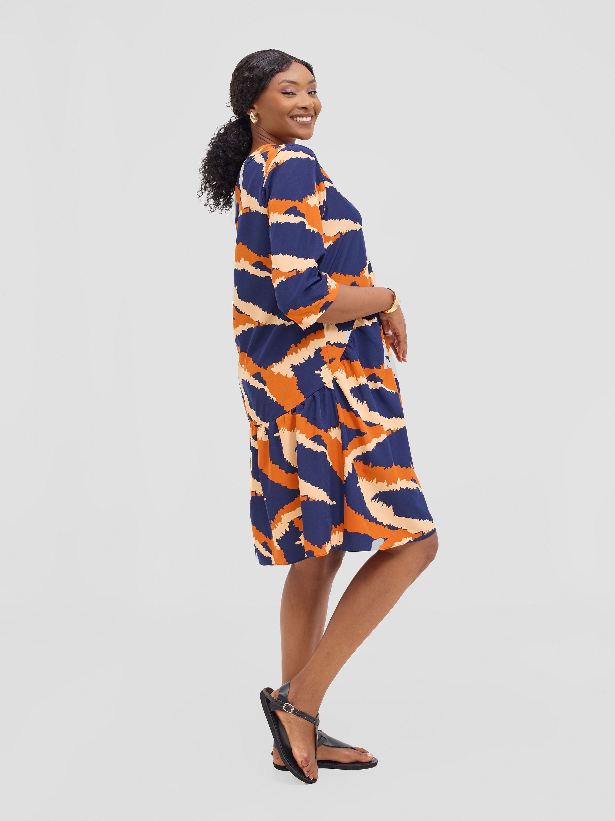 Vivo Reba Gathered Dress - Navy / Rust Eba Print