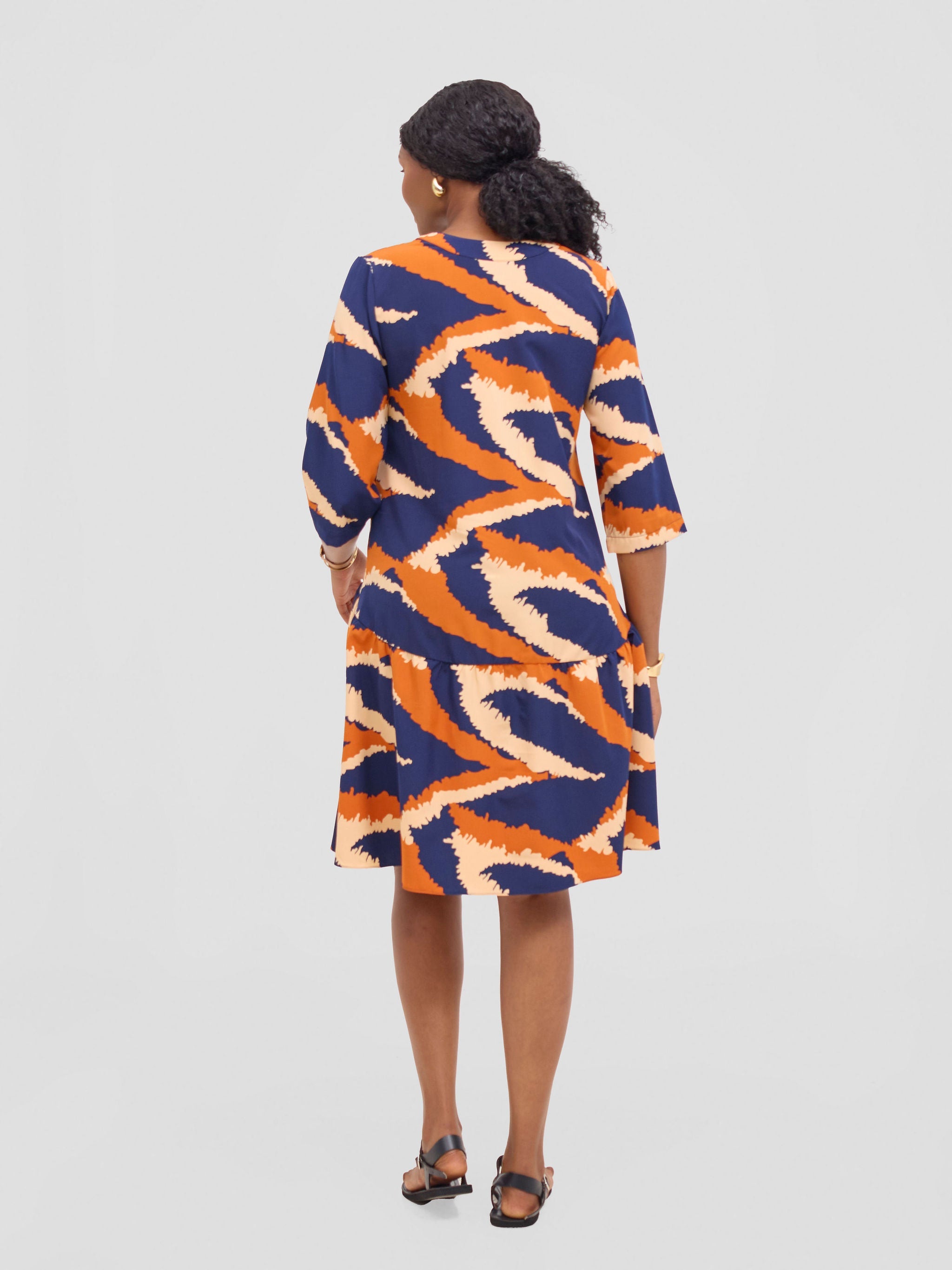 Vivo Reba Gathered Dress - Navy / Rust Eba Print