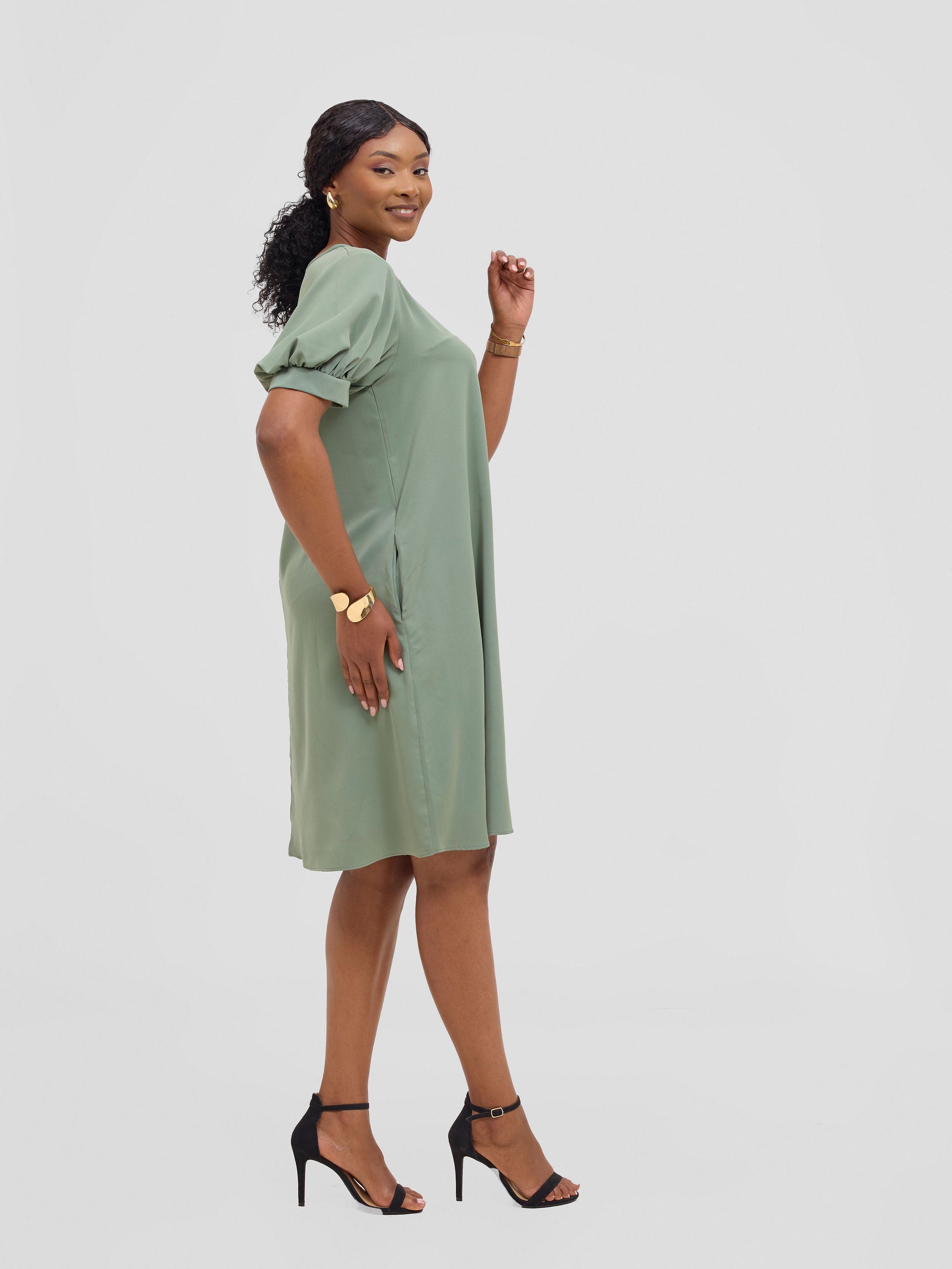 Vivo Wingu Puff Sleeve Knee Length Dress - Dusty Green