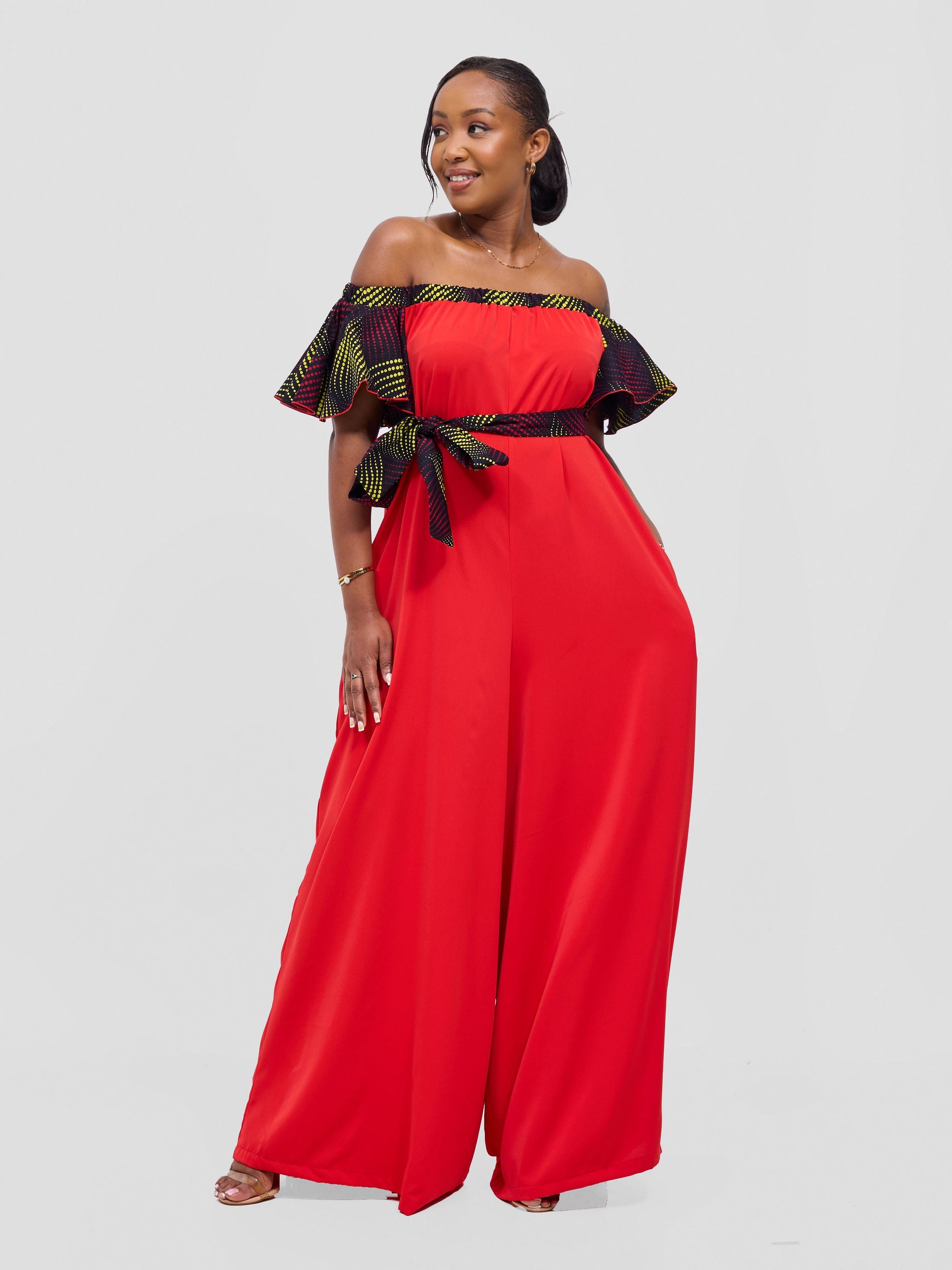 Vivo Fara Off Shoulder Flounce Sleeve Jumpsuit - Red