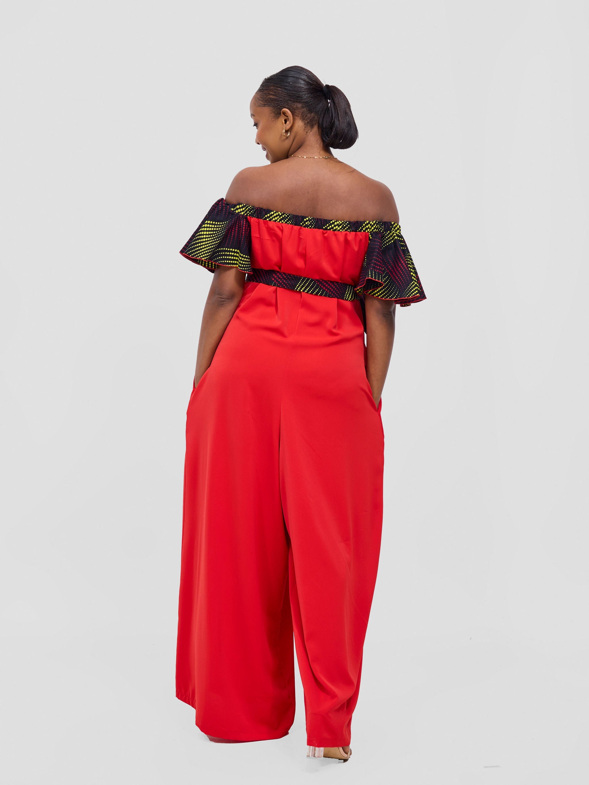 Vivo Fara Off Shoulder Flounce Sleeve Jumpsuit - Red