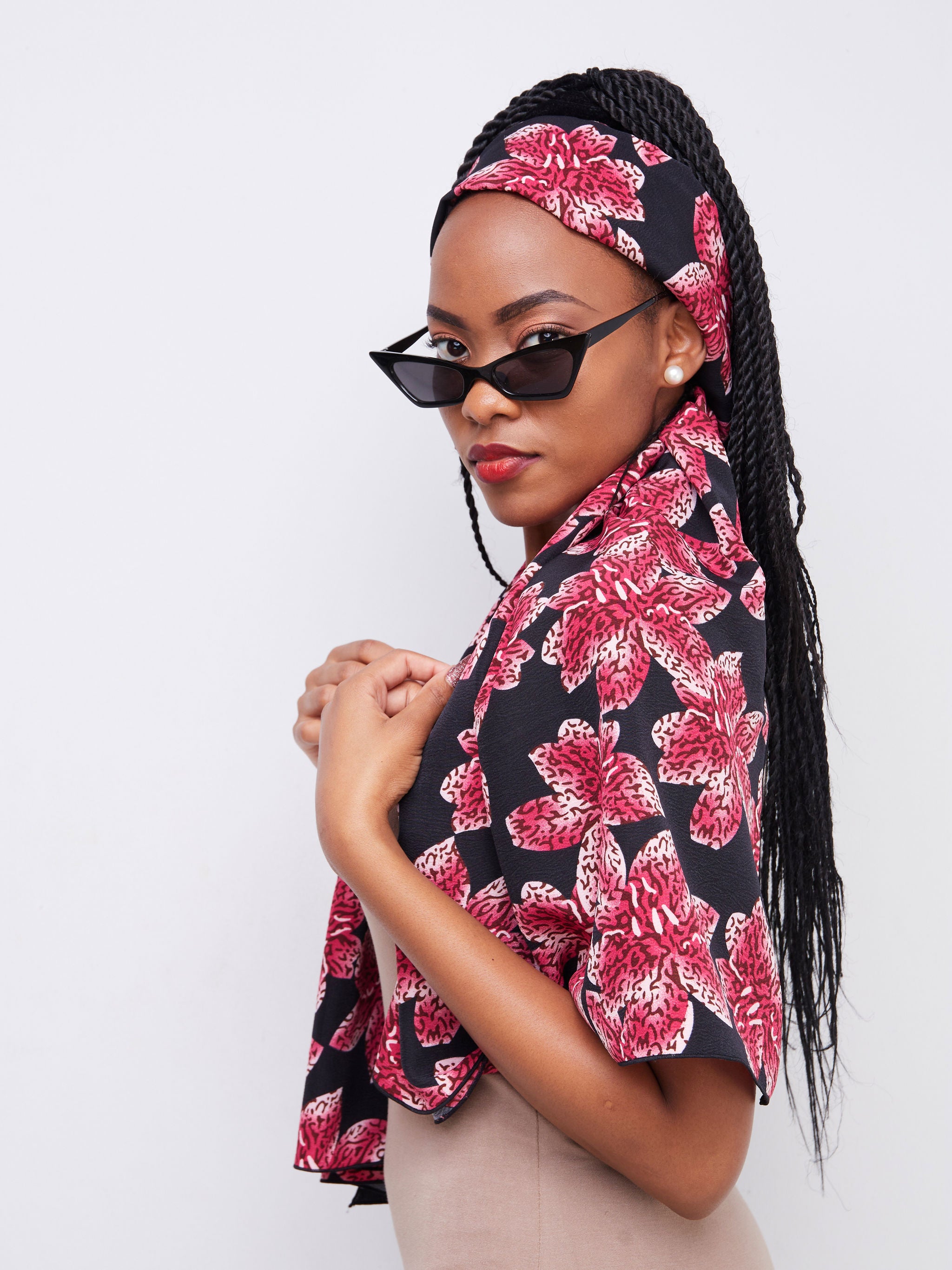 Vivo Basic Crepe Scarf - Black / Pink Floral Print