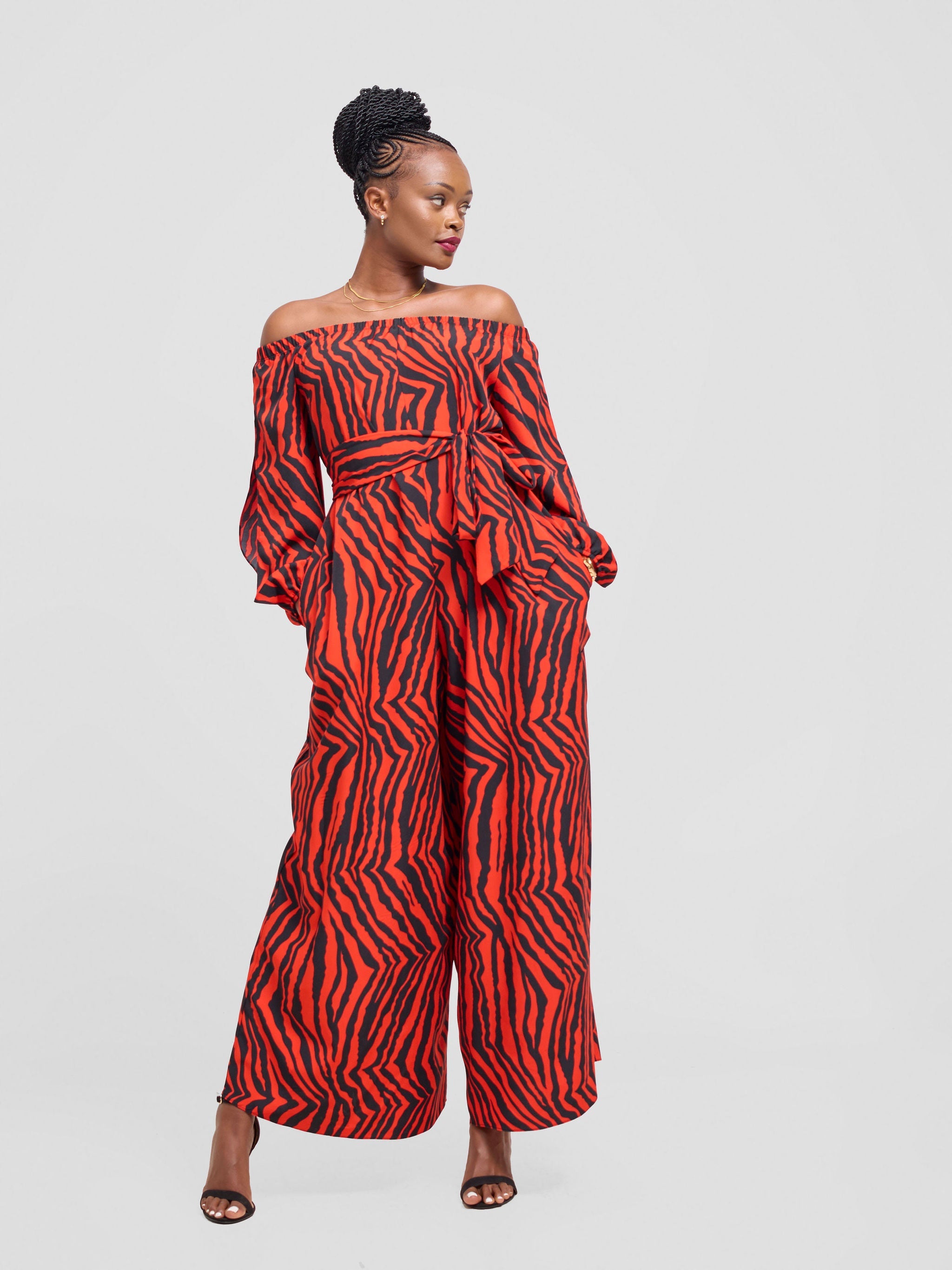 Vivo Yumi Off Shoulder Jumpsuit - Black / Red Mistrai Print