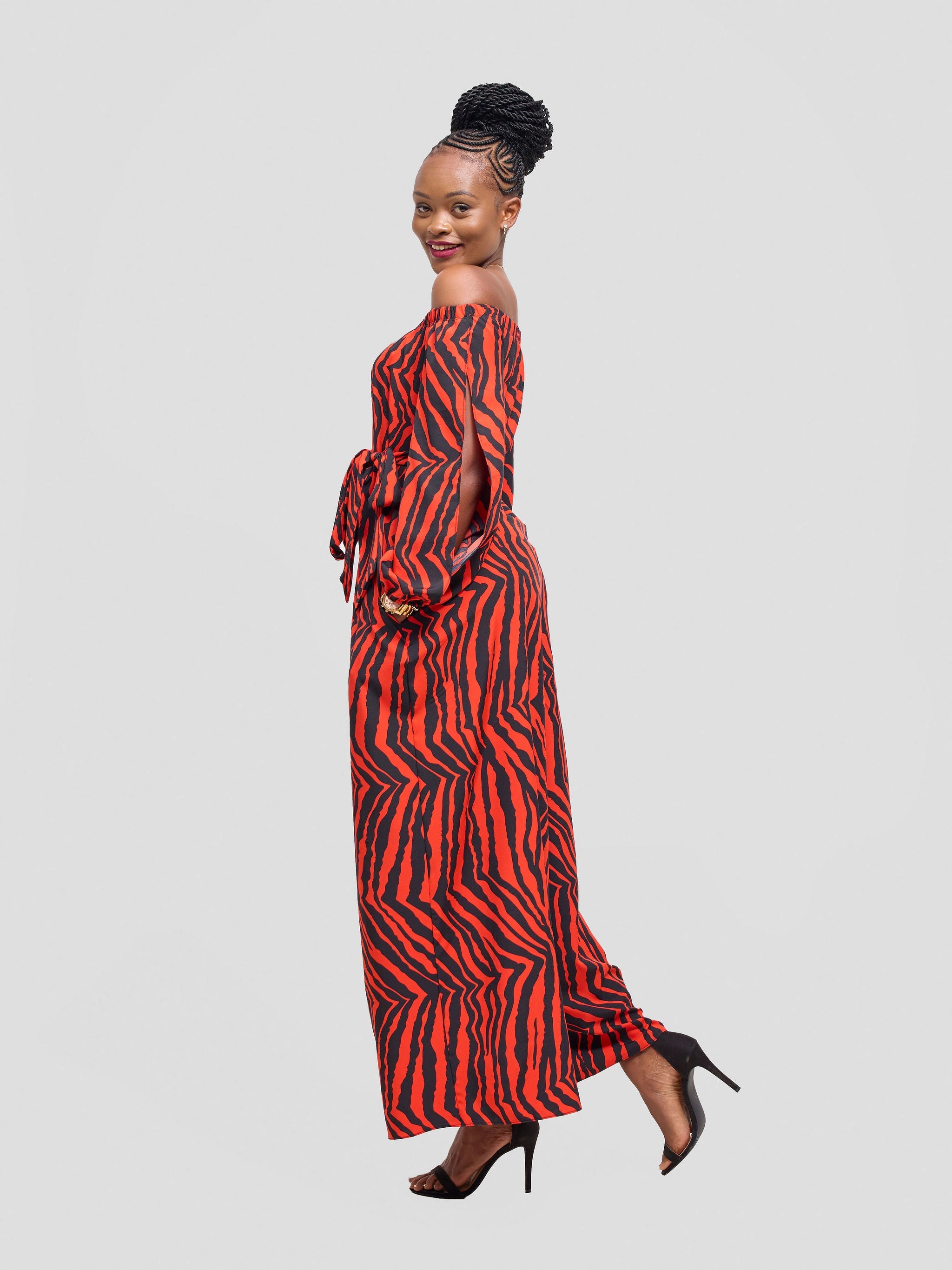 Vivo Yumi Off Shoulder Jumpsuit - Black / Red Mistrai Print