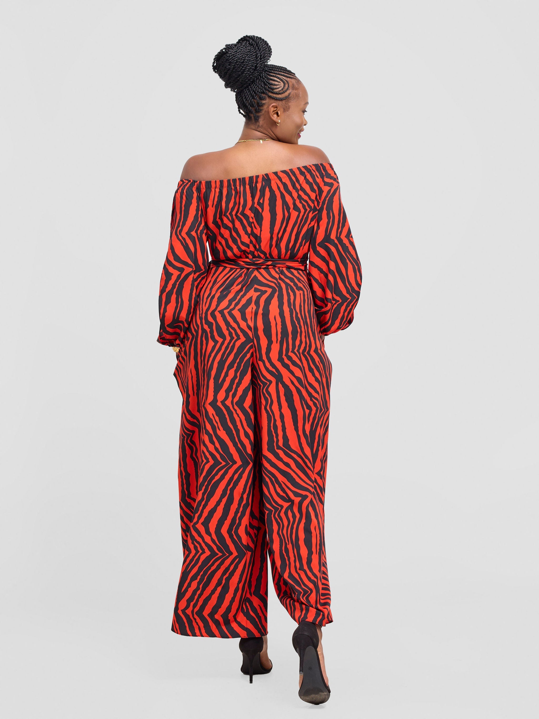 Vivo Yumi Off Shoulder Jumpsuit - Black / Red Mistrai Print