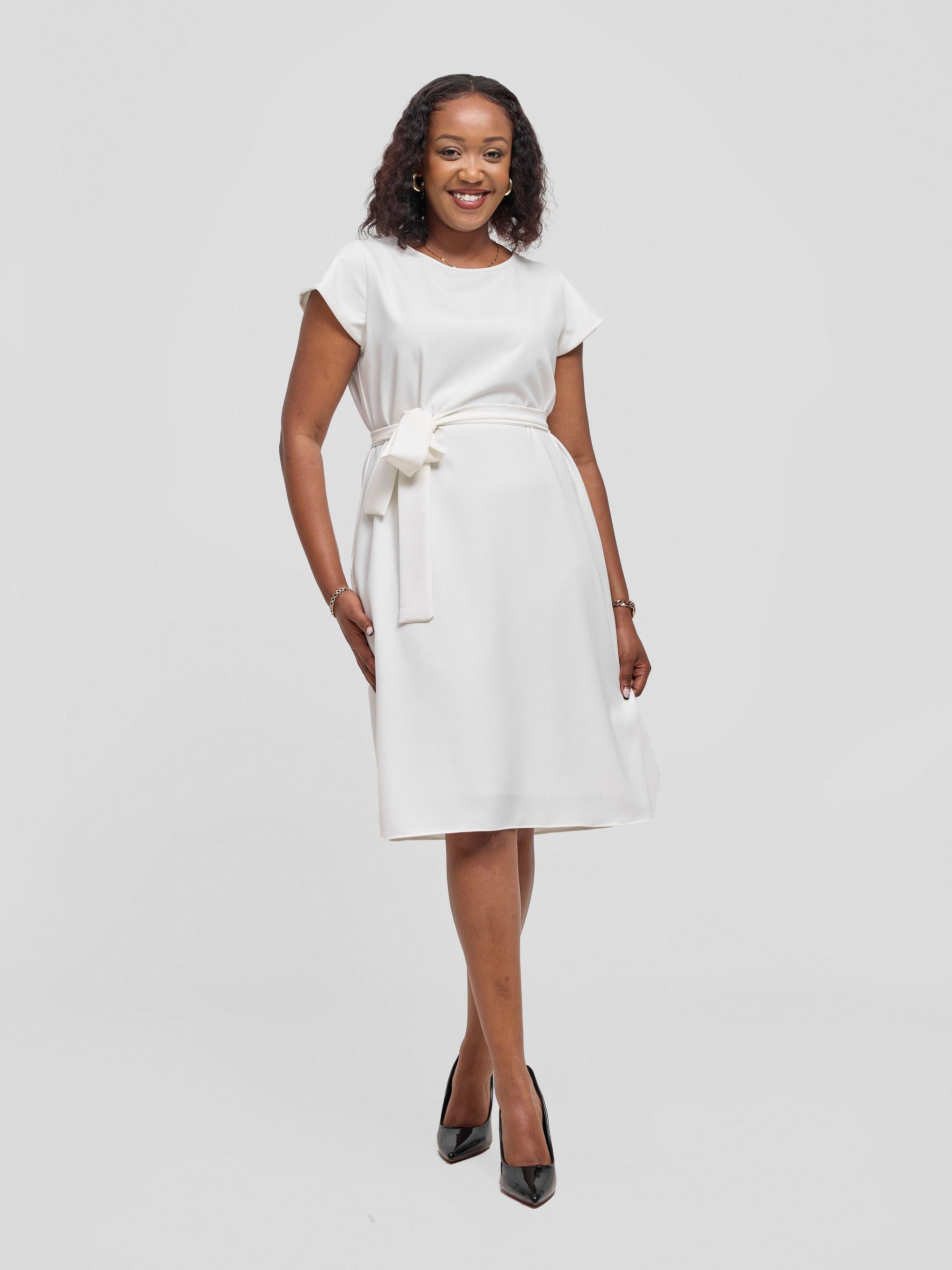 Vivo Muna Cap Sleeved Knee Length Dress - Off White