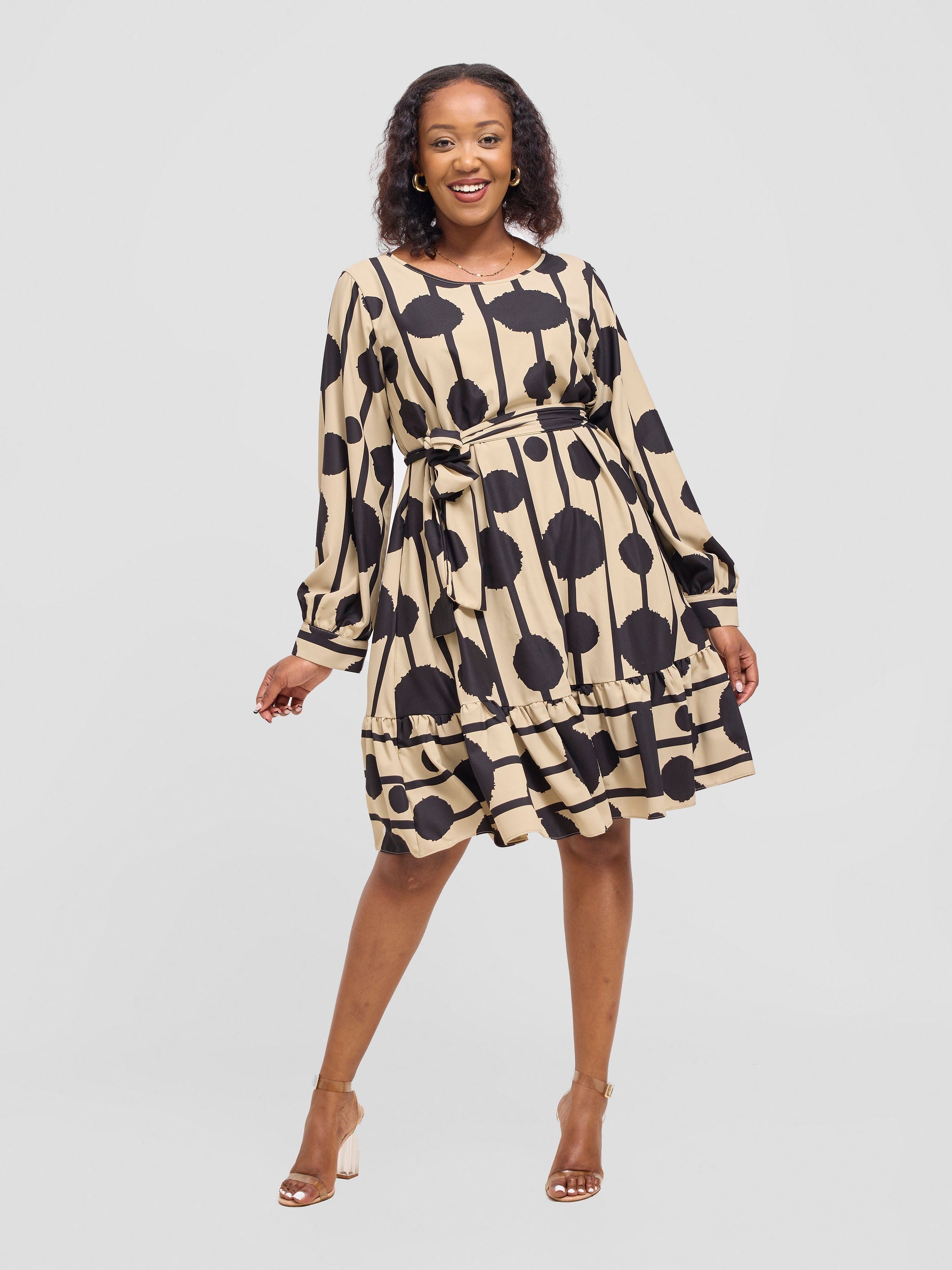 Vivo Serwa Tent Dress - Taupe / Black Doti Print