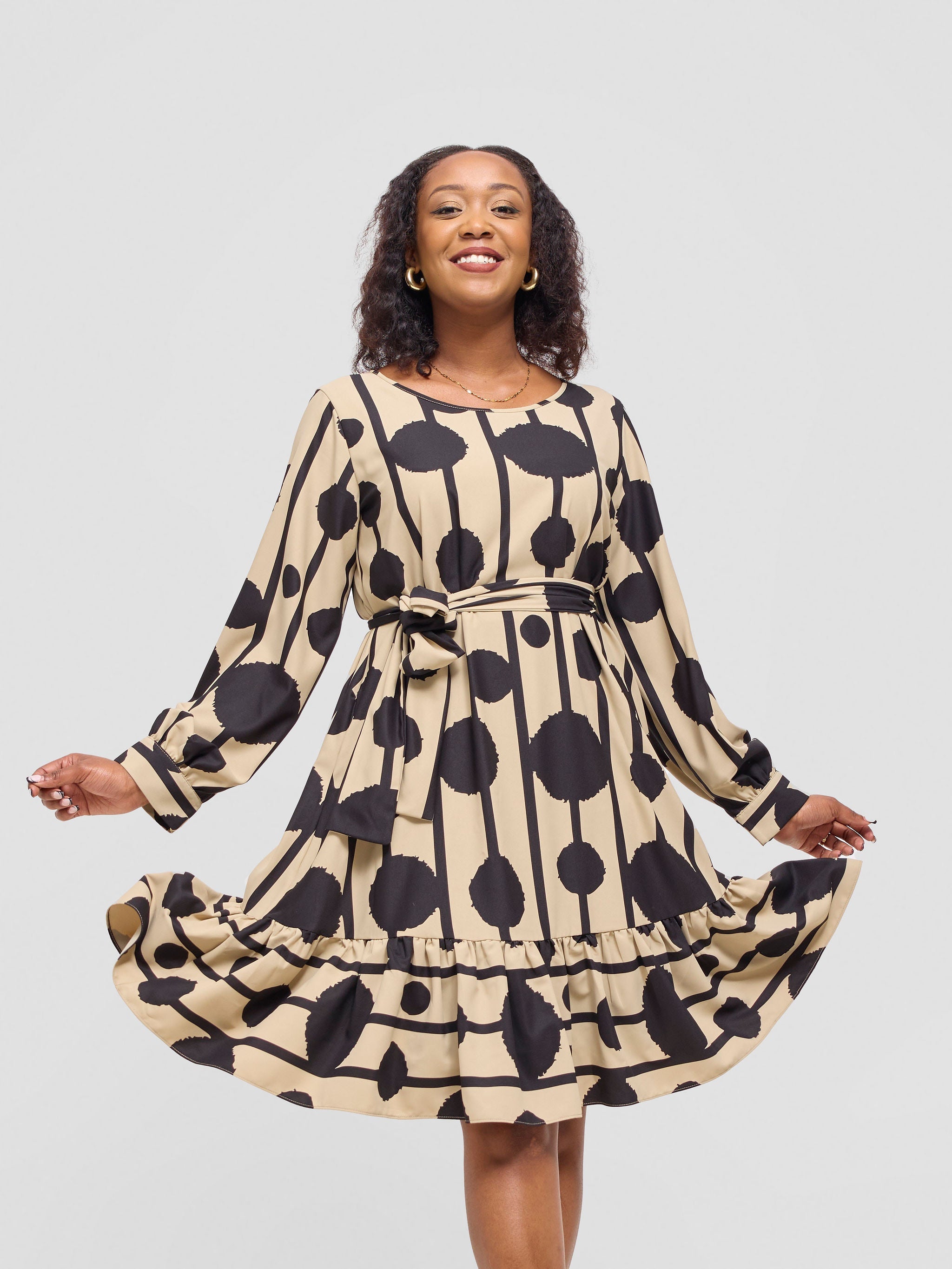 Vivo Serwa Tent Dress - Taupe / Black Doti Print