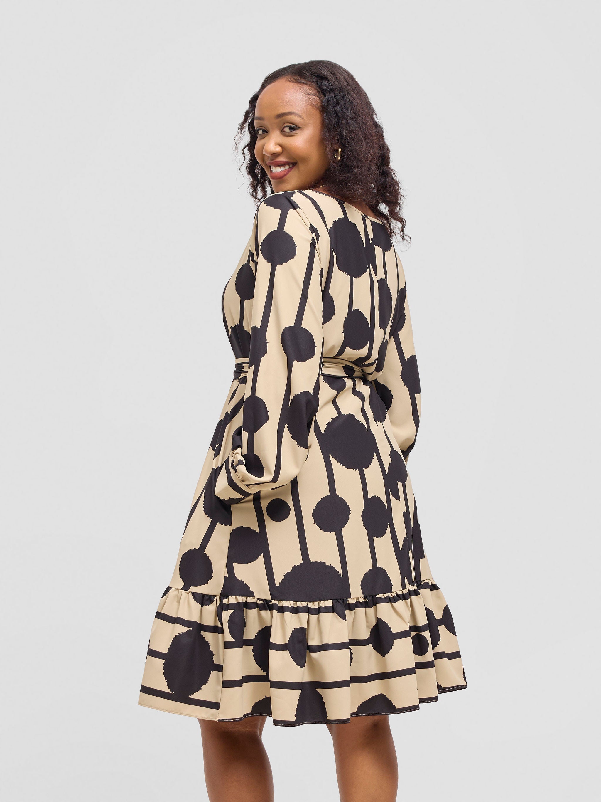 Vivo Serwa Tent Dress - Taupe / Black Doti Print