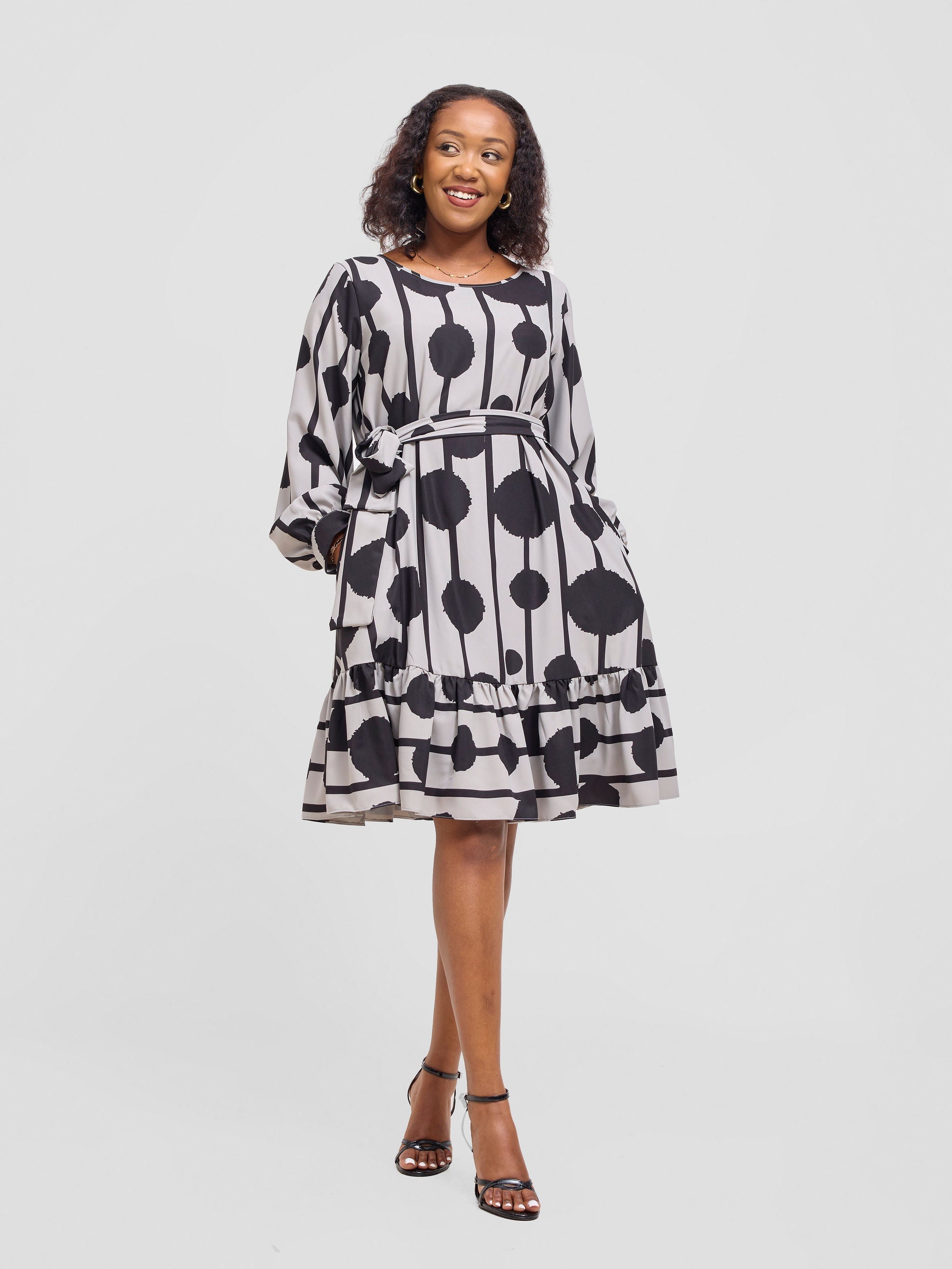 Vivo Serwa Tent Dress - Ash Grey / Black Doti Print