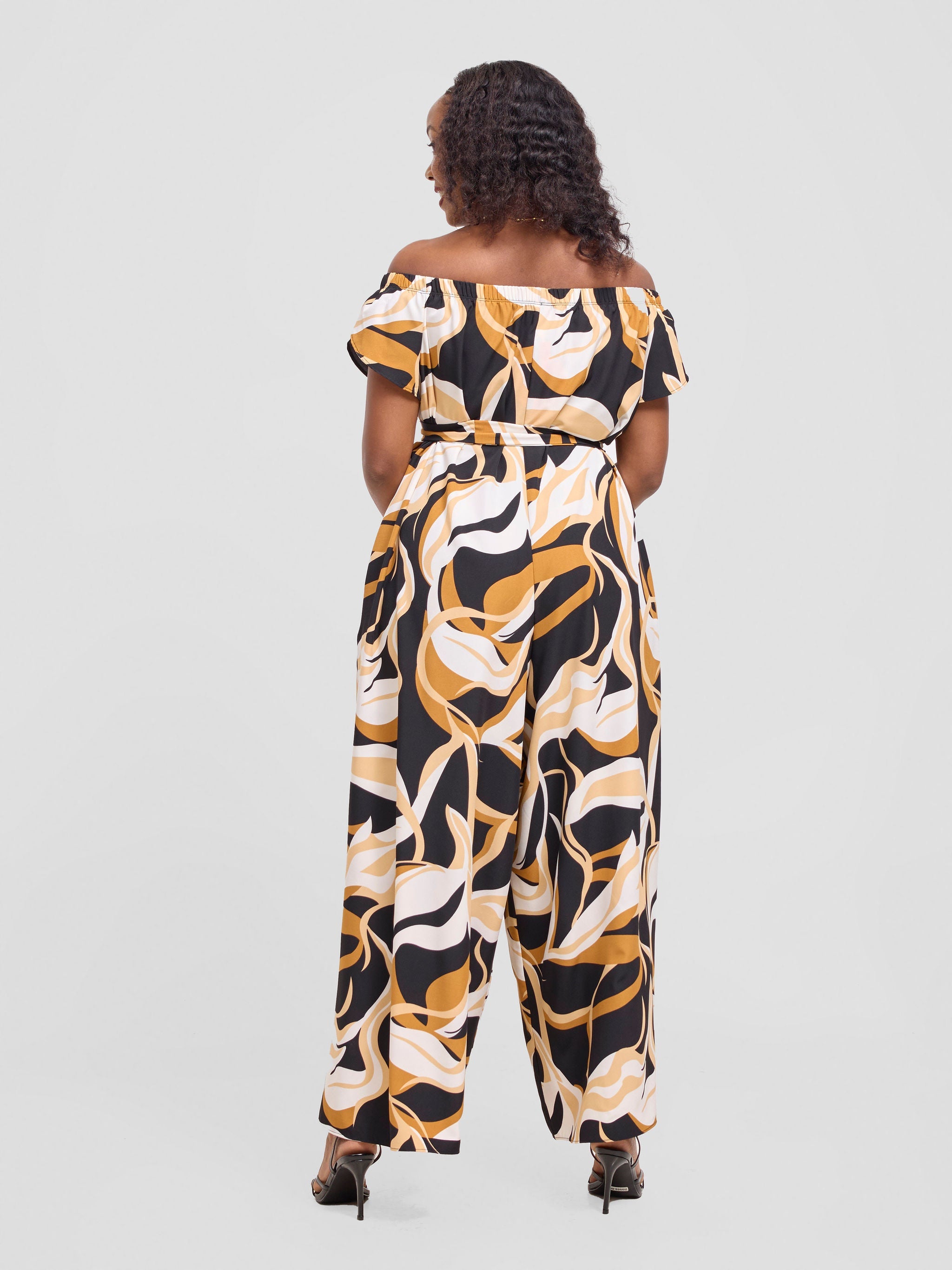 Vivo Dalia Off Shoulder Jumpsuit - Black / Tan Alia Print