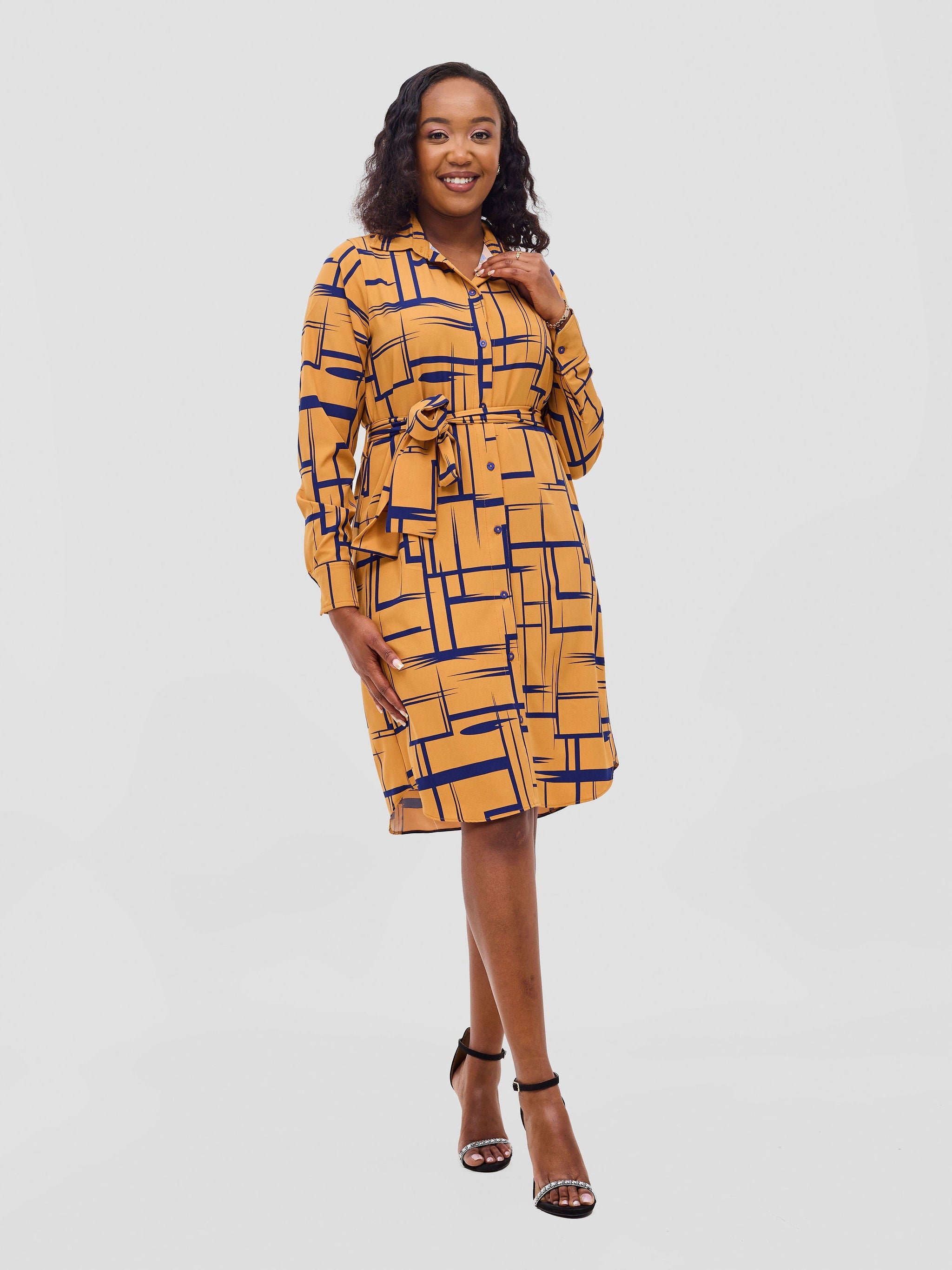 Vivo Basic Knee Length Shirt Dress - Rust / Navy Print