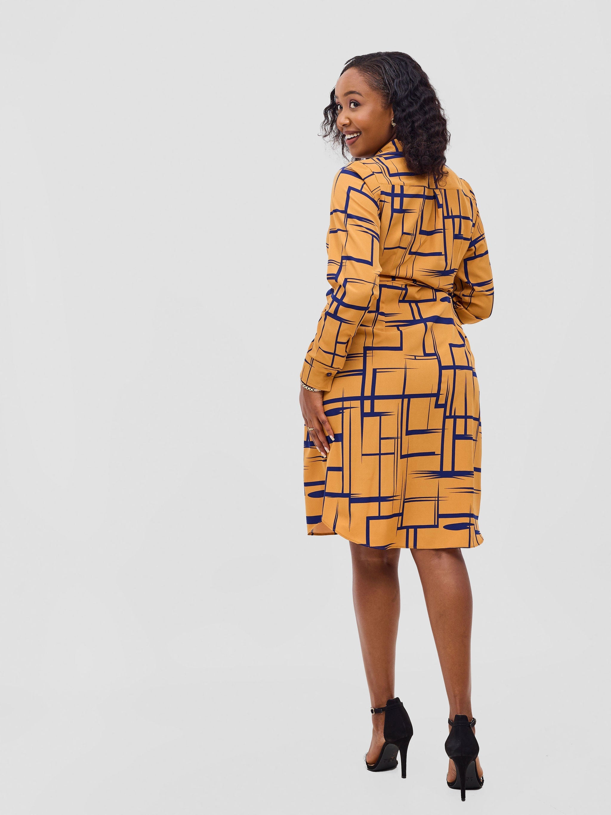 Vivo Basic Knee Length Shirt Dress - Rust / Navy Print