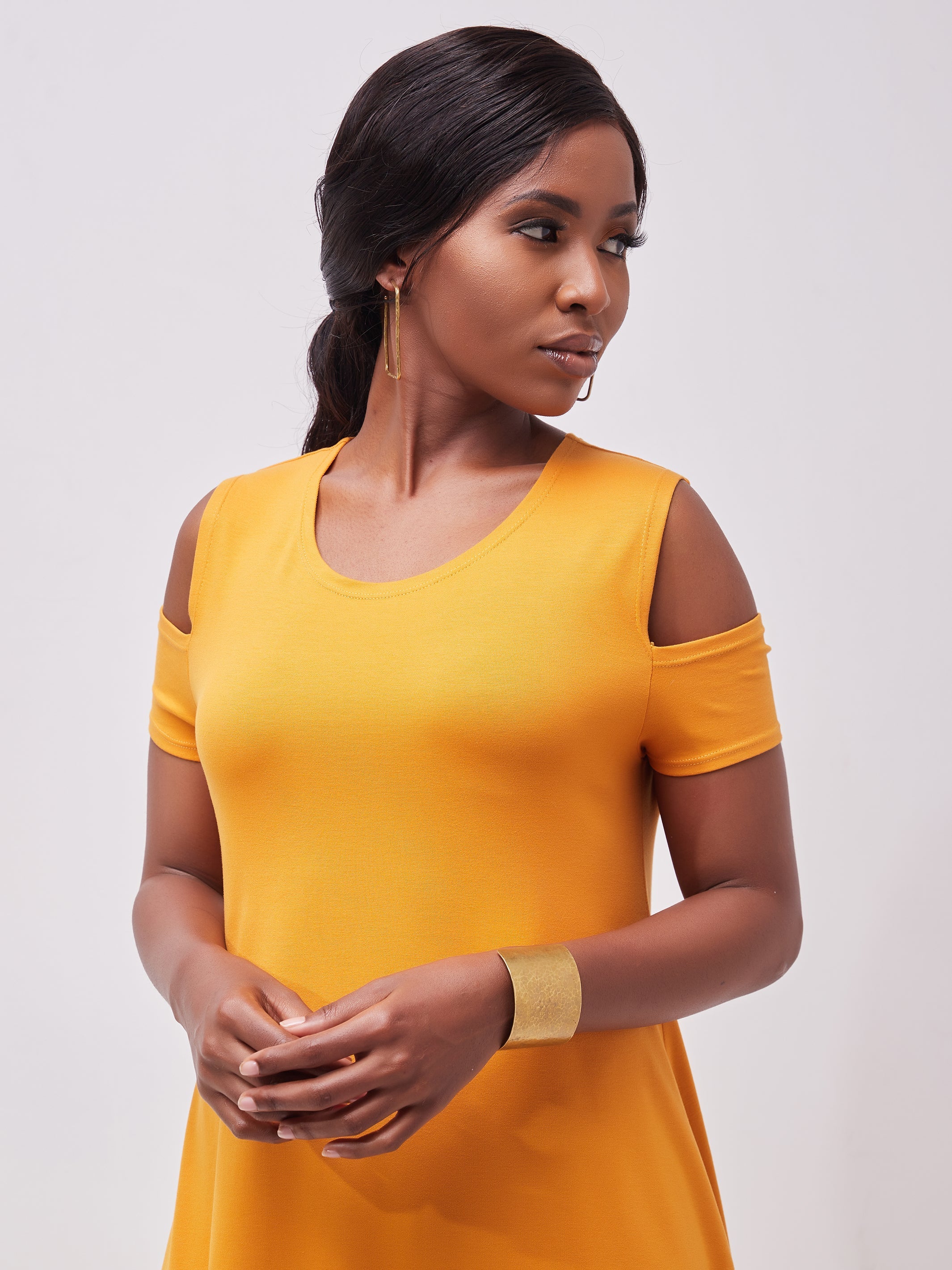 Vivo Lamu Knee Length Cold Shoulder Dress - Mustard