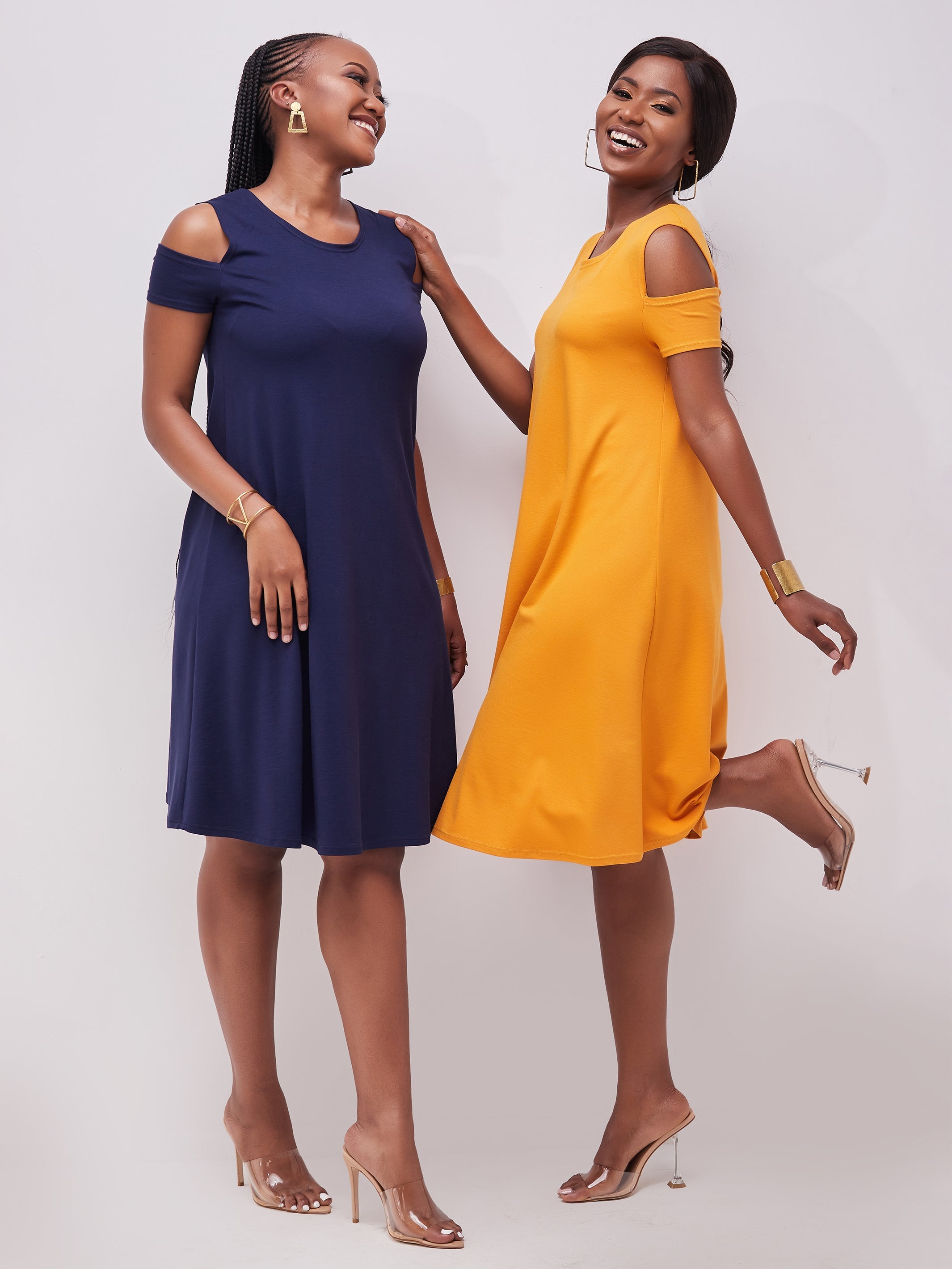 Vivo Lamu Knee Length Cold Shoulder Dress - Mustard