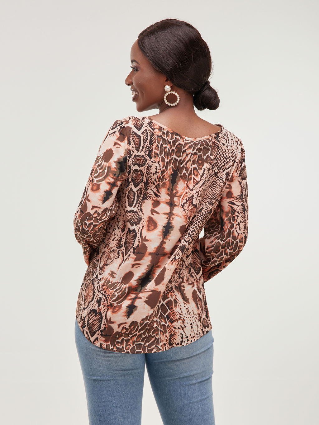 Safari Basic Bishop Sleeved Crepe Top - Burnt Orange Snake Print