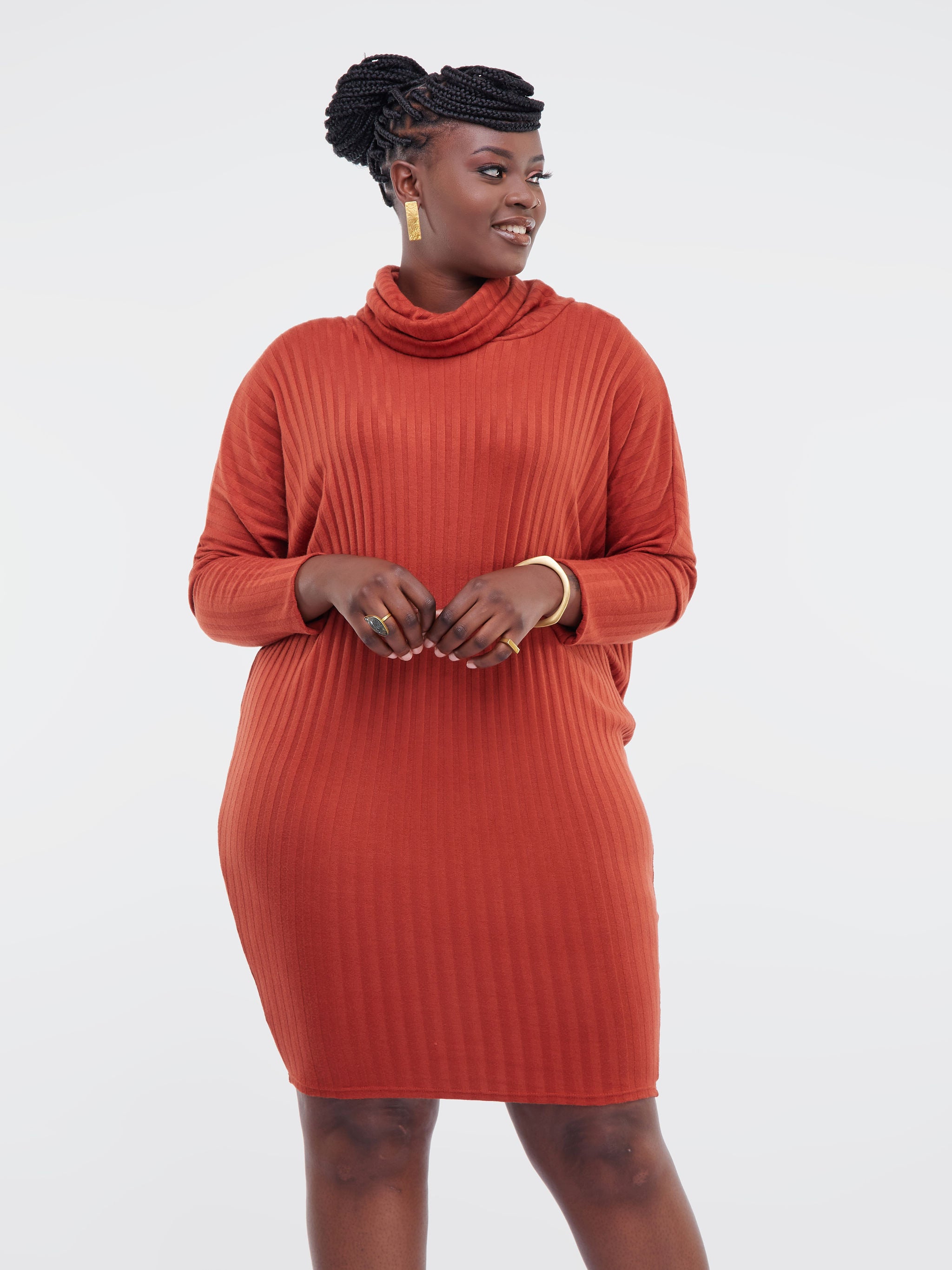 Safari Basic Dolman Cowl Sweater Dress  - Rust