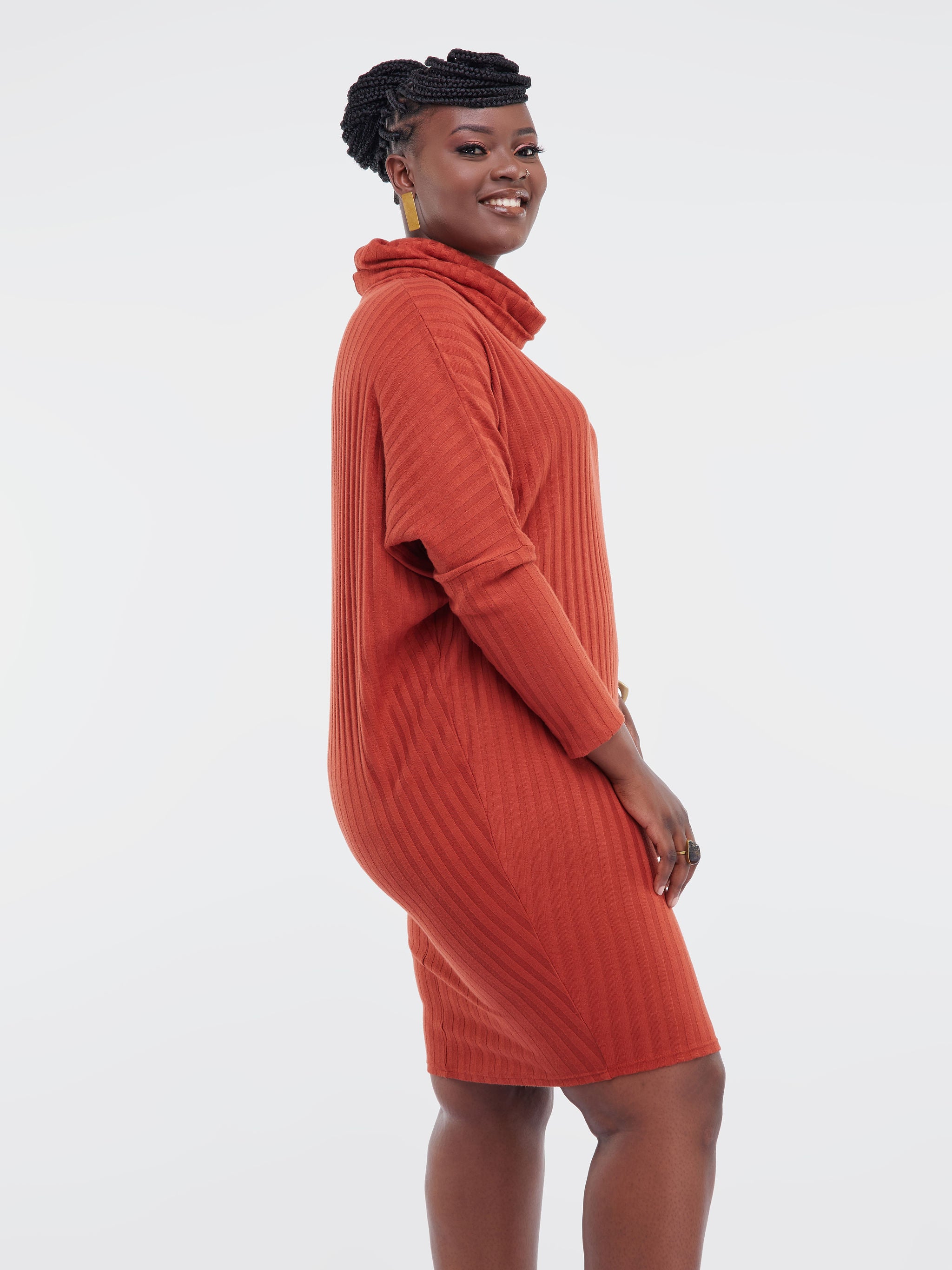 Safari Basic Dolman Cowl Sweater Dress  - Rust