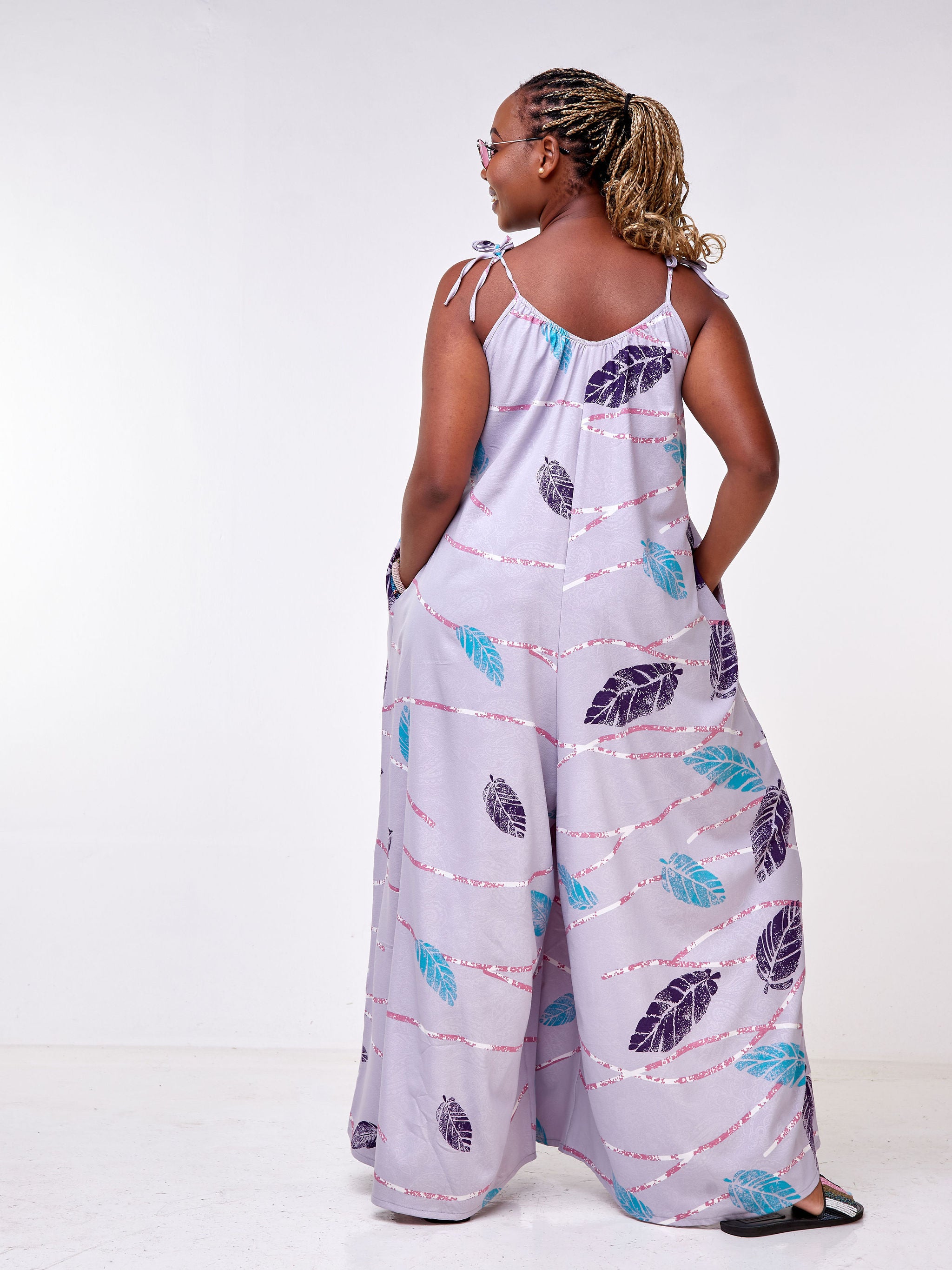 Vivo Diani Strappy Jumpsuit - Light Purple / Blue Leaf Print