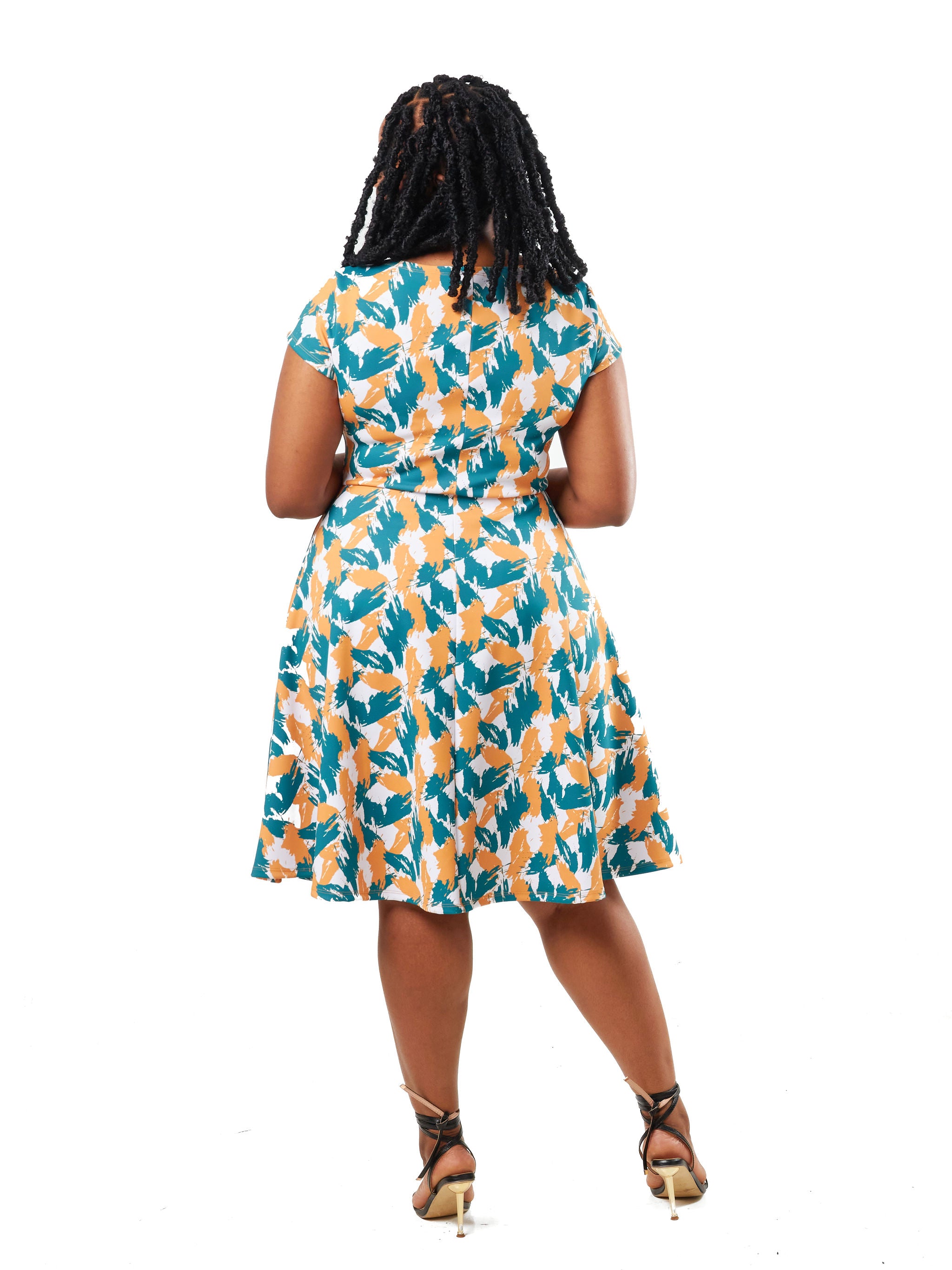 Vivo Tuni Cap Sleeve Circular Dress - Mustard / Teal Abstract Print