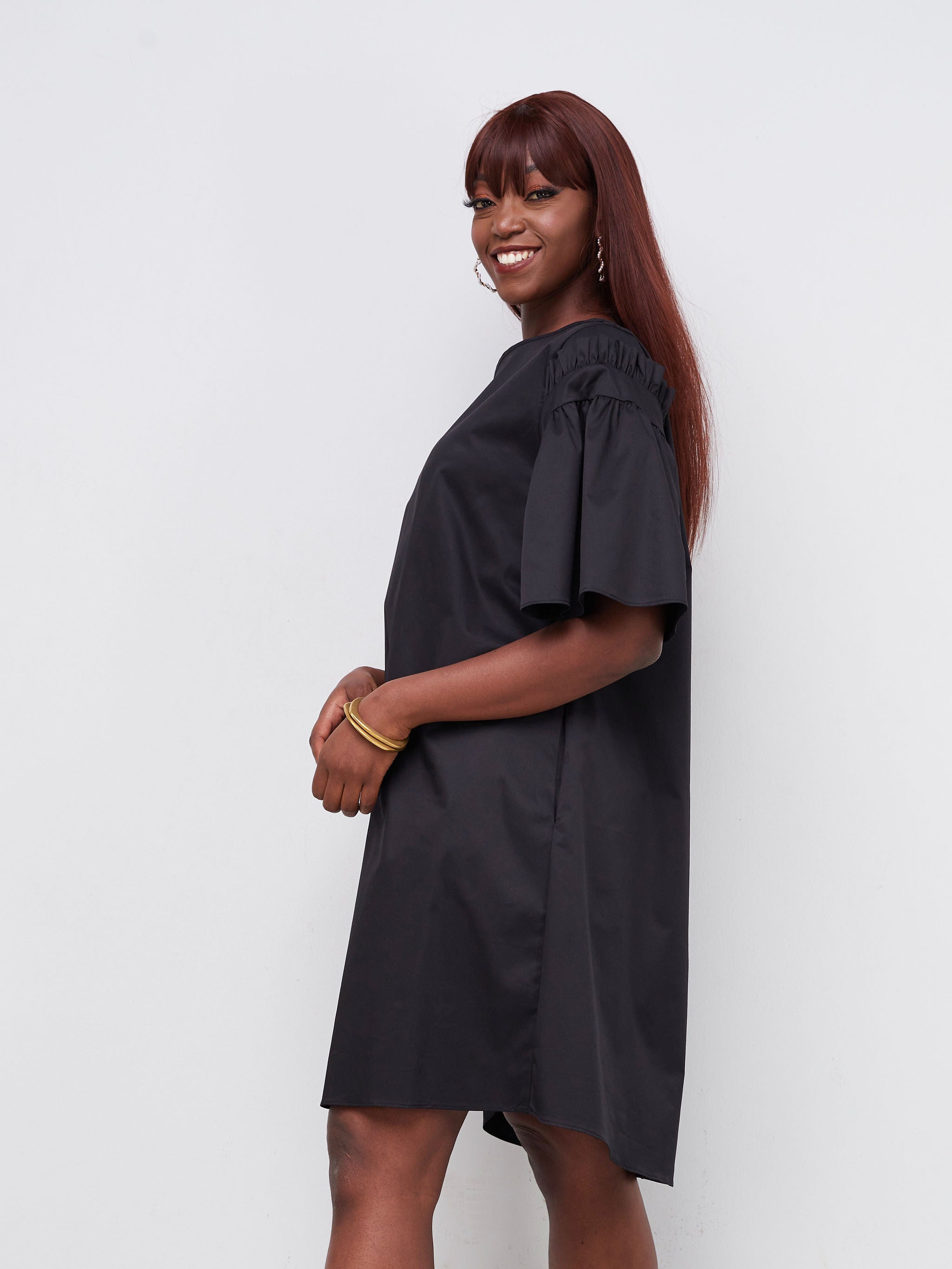 Safari Mali Gathered Flounce Sleeve Tent Dress - Black