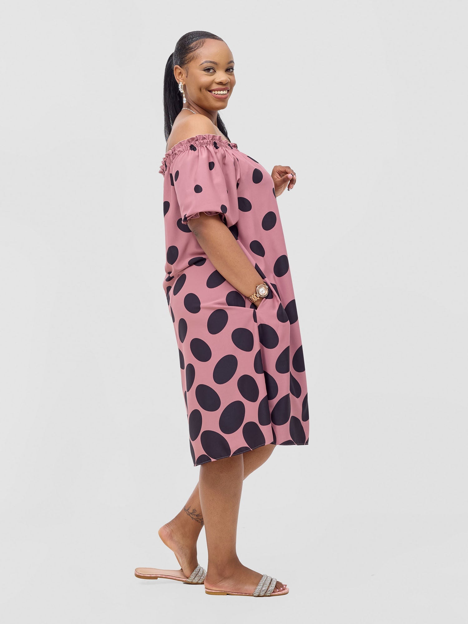 Vivo Ayla Off-Shoulder Dress - Blush Pink/ Black Meti Print