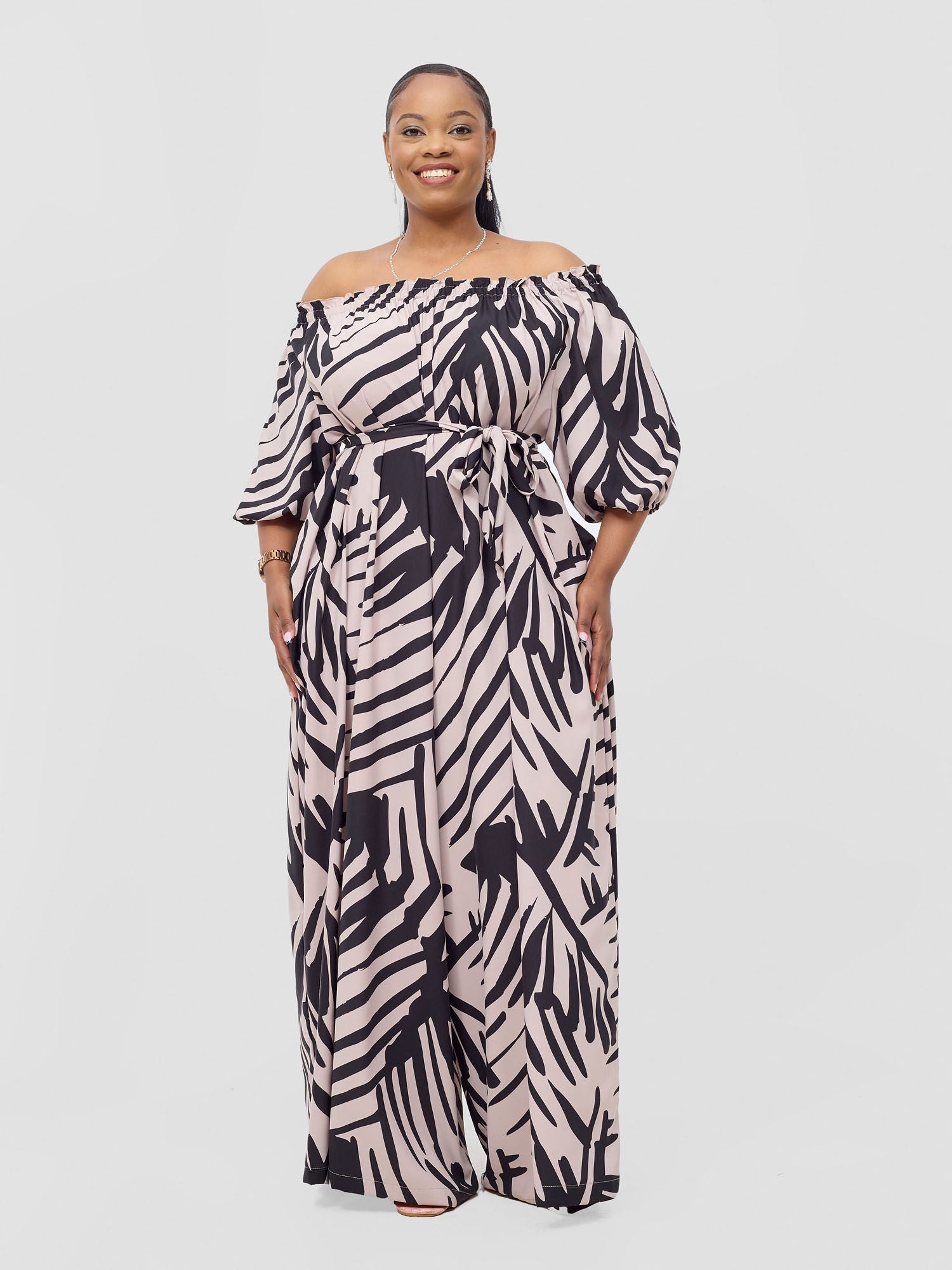 Vivo Ayla Off-Shoulder Jumpsuit - Beige / Black Lala Print