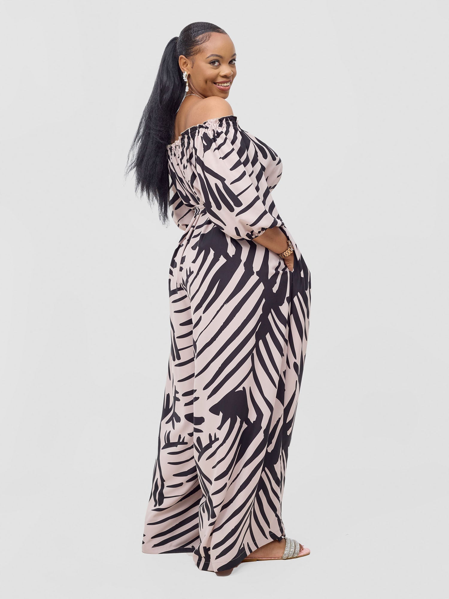 Vivo Ayla Off-Shoulder Jumpsuit - Beige / Black Lala Print