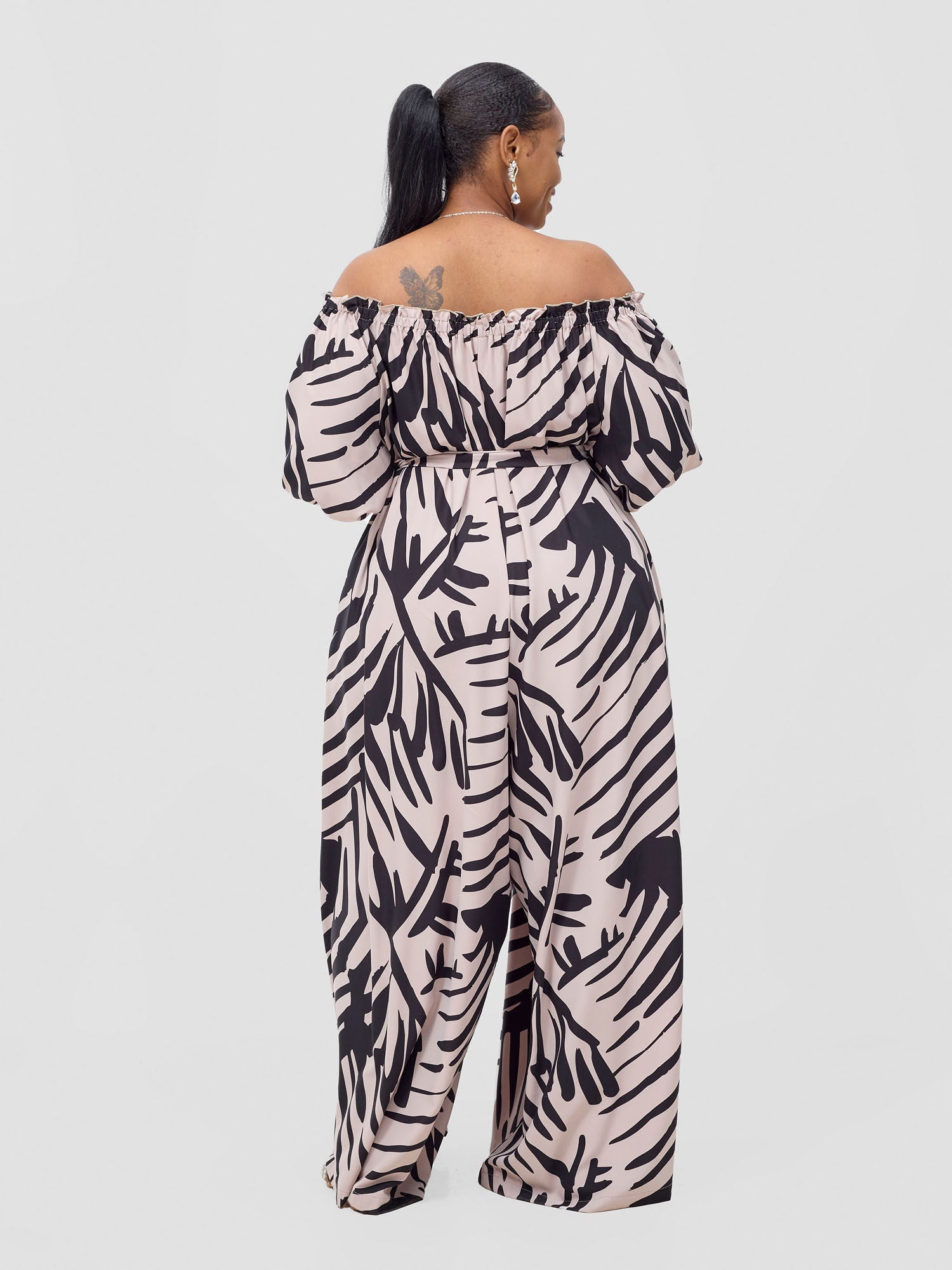 Vivo Ayla Off-Shoulder Jumpsuit - Beige / Black Lala Print