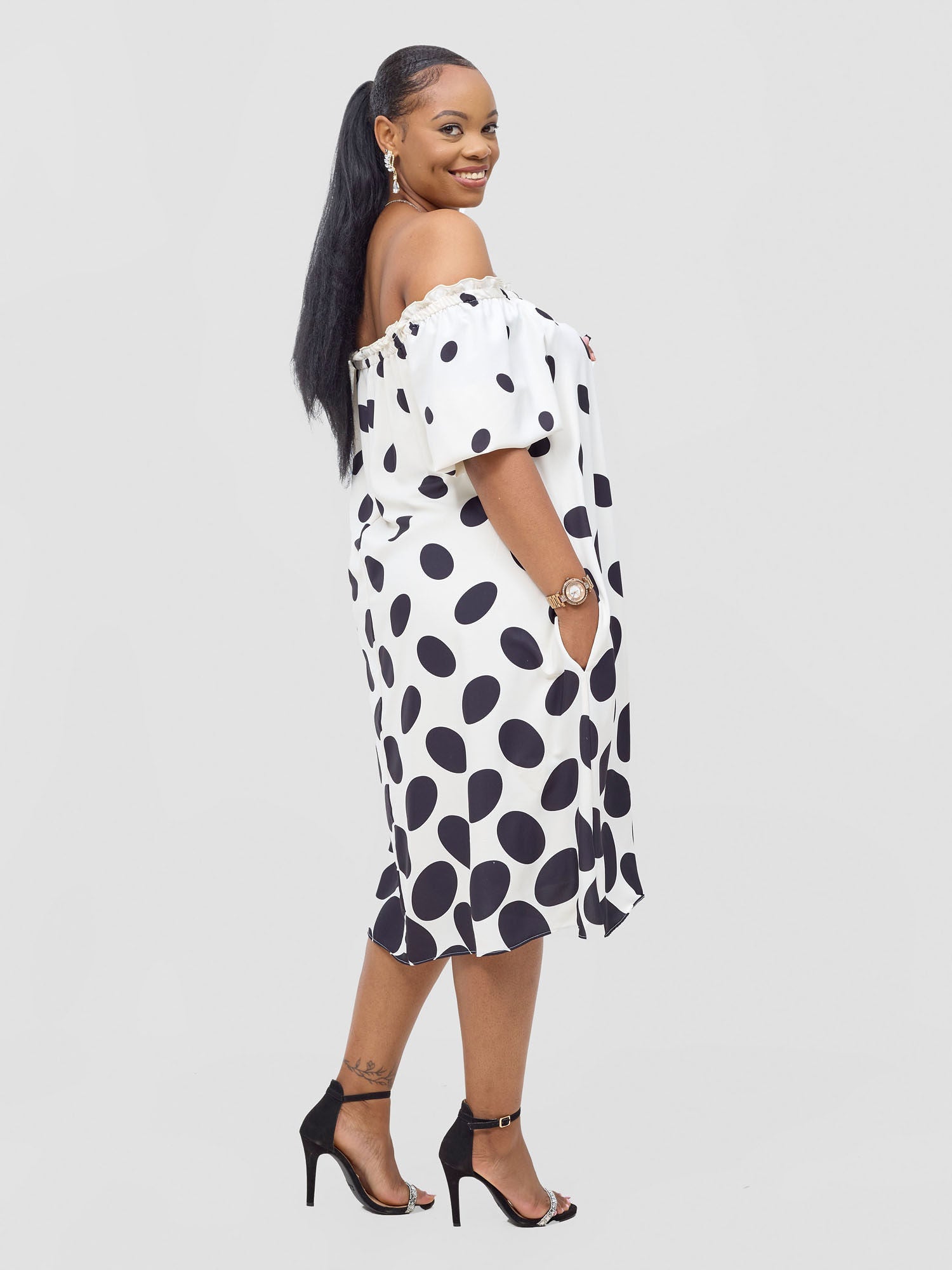 Vivo Ayla Off-Shoulder Dress - Cream / Black Meti Print