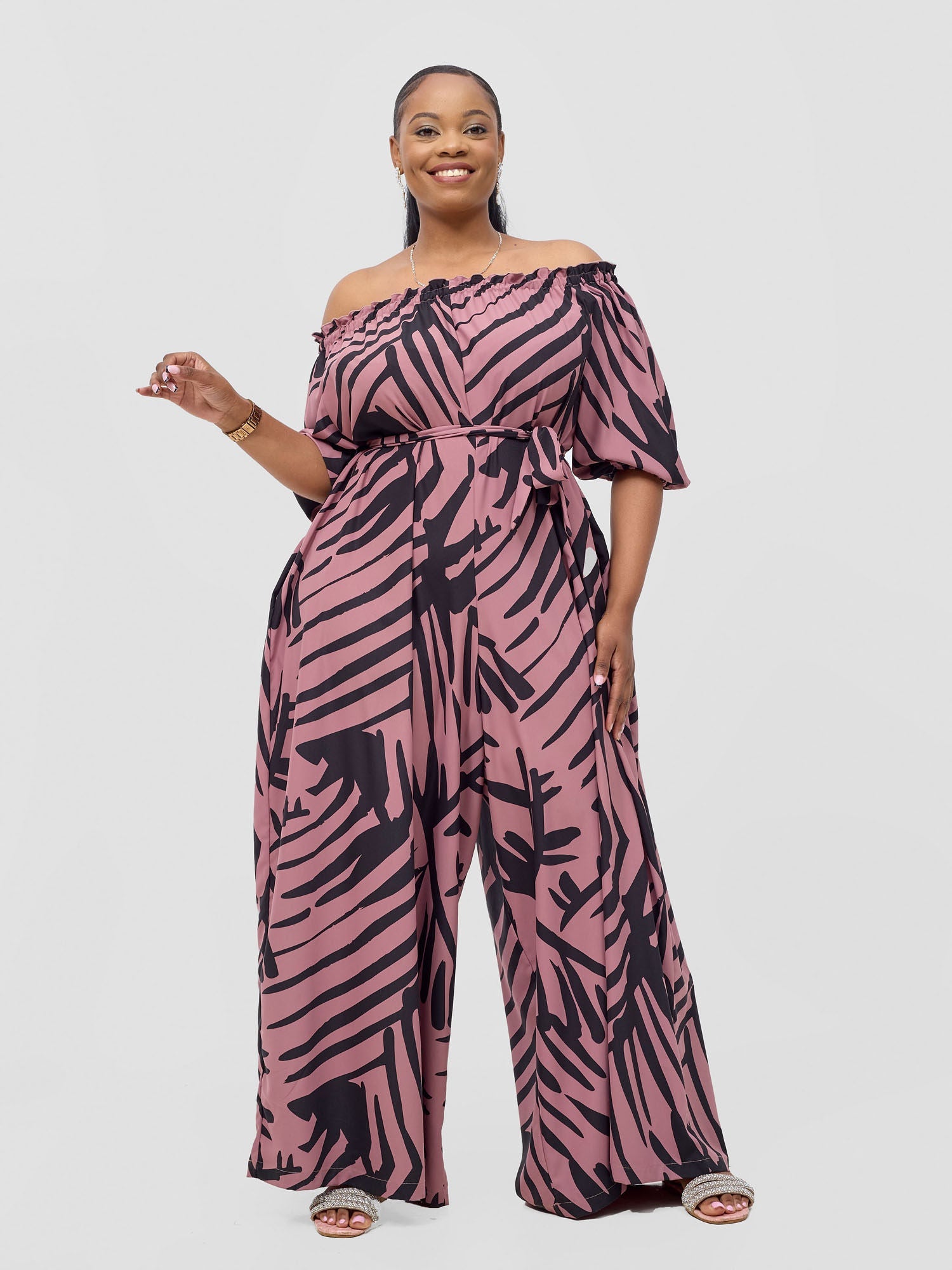 Vivo Ayla Off-Shoulder Jumpsuit - Blush Pink / Black Lala Print