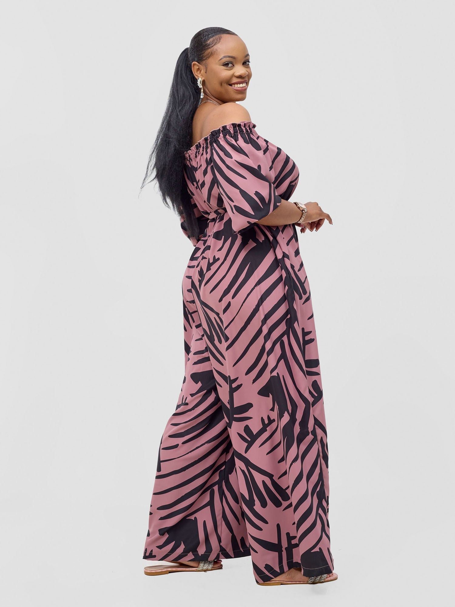 Vivo Ayla Off-Shoulder Jumpsuit - Blush Pink / Black Lala Print