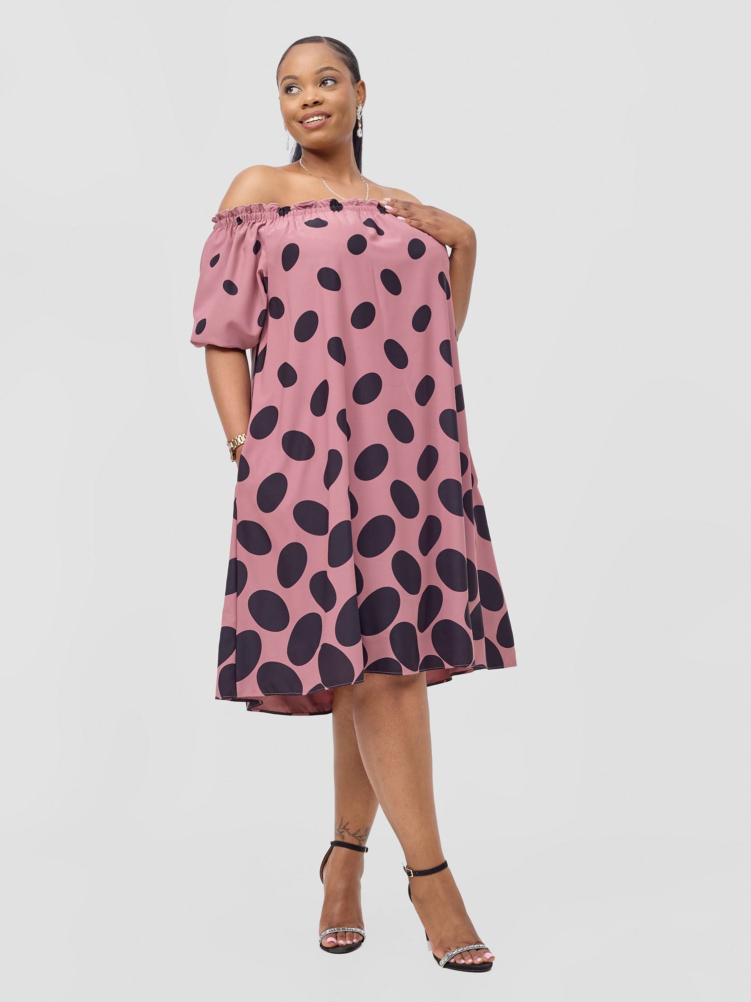 Vivo Ayla Off-Shoulder Dress - Blush Pink/ Black Meti Print