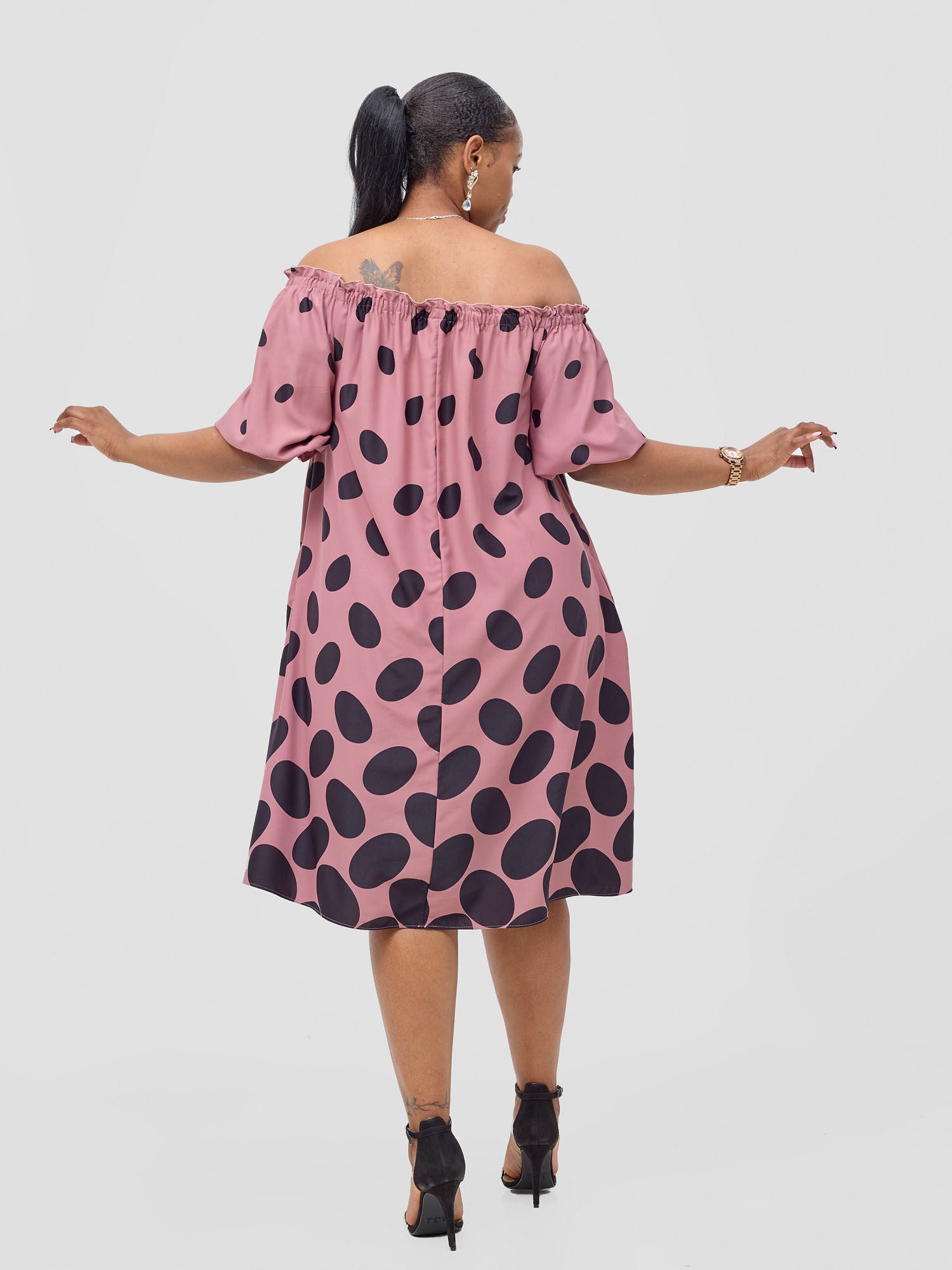 Vivo Ayla Off-Shoulder Dress - Blush Pink/ Black Meti Print