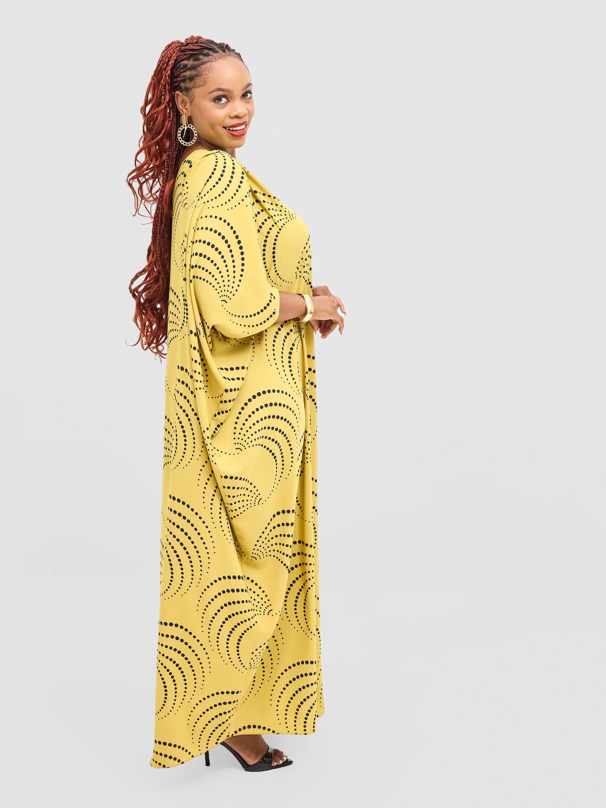 Vivo Ayla Maxi Kaftan Dress - Mustard Yellow / Black Sinka Print