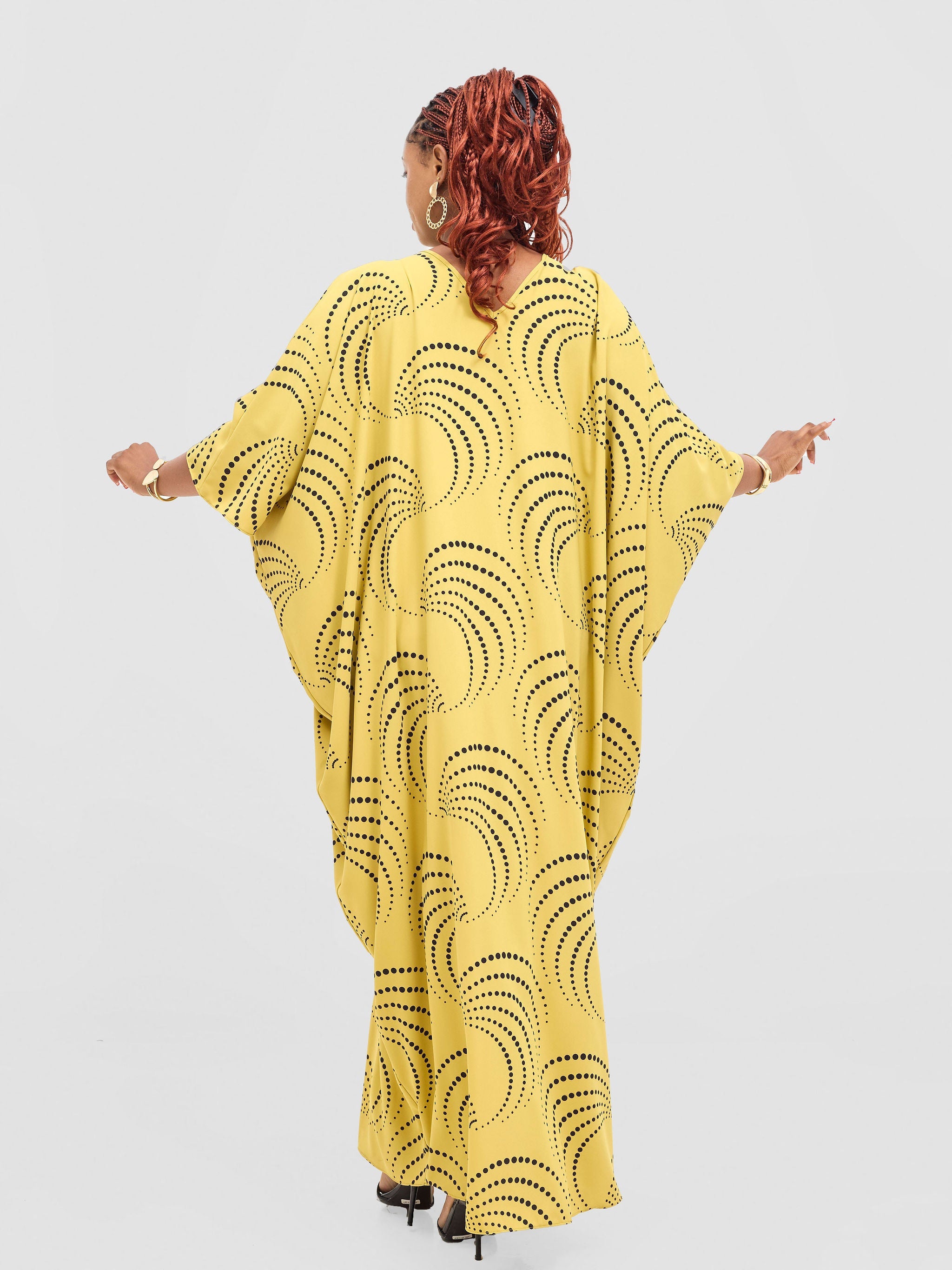 Vivo Ayla Maxi Kaftan Dress - Mustard Yellow / Black Sinka Print