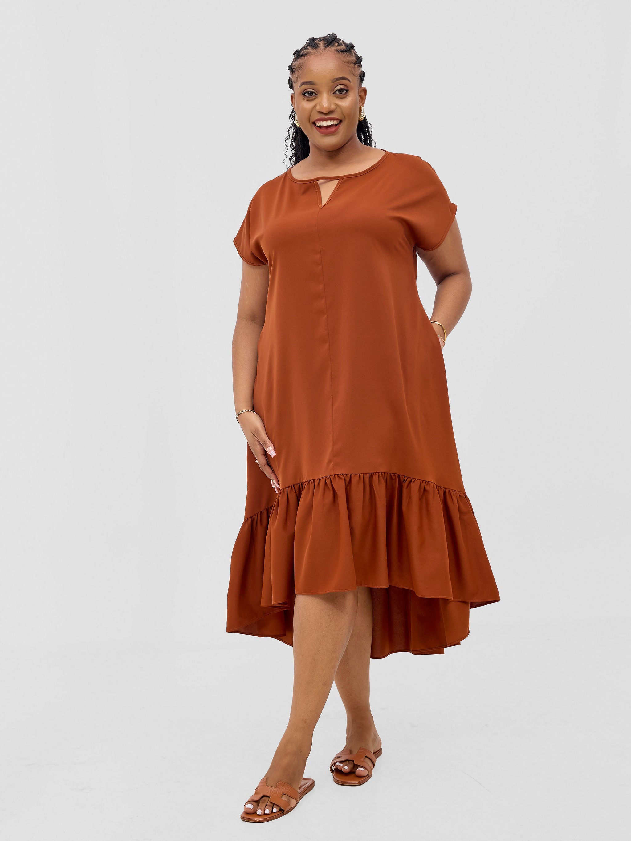 Vivo Esna Drop Shoulder High Low Dress - Rust