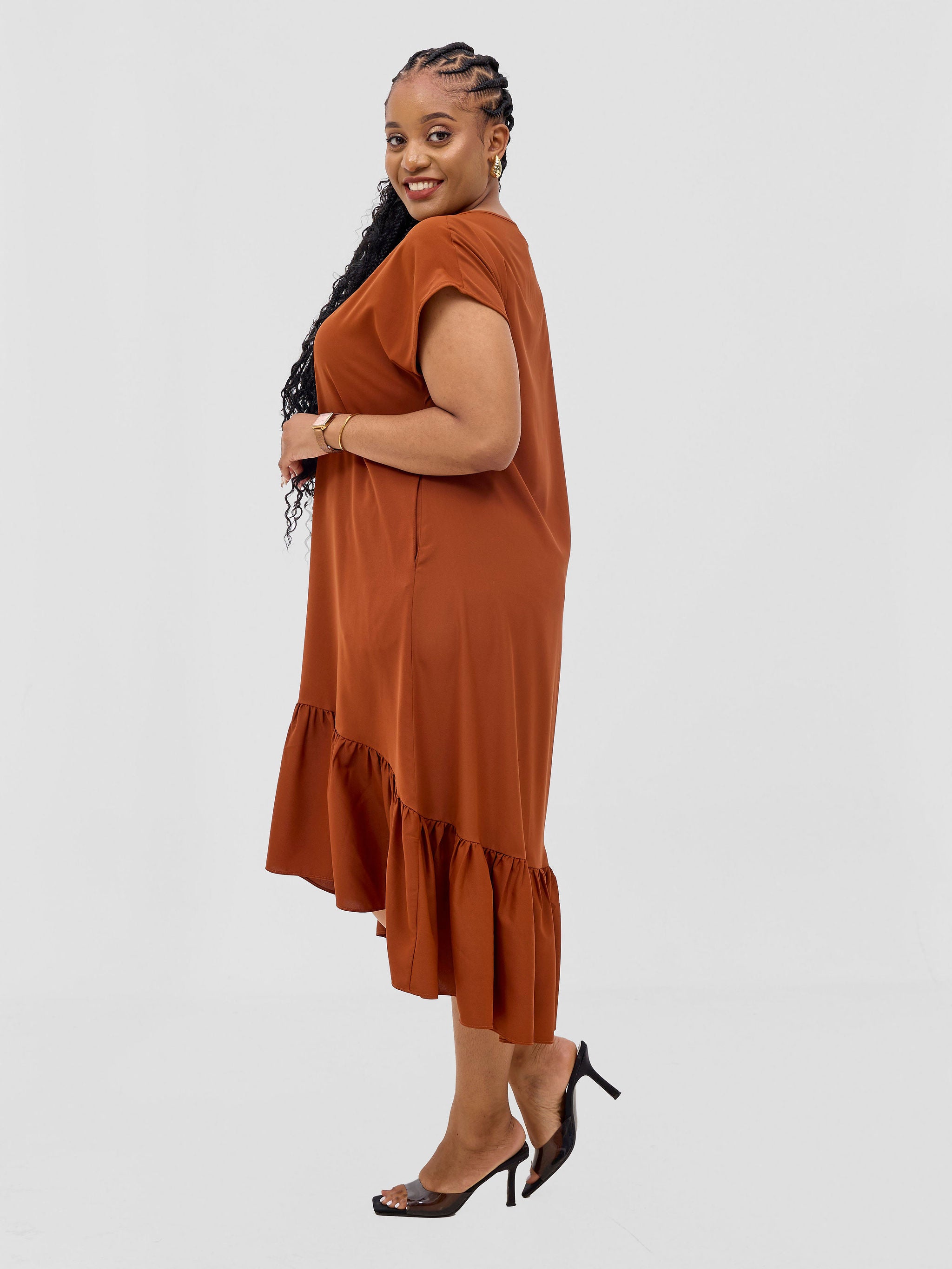 Vivo Esna Drop Shoulder High Low Dress - Rust