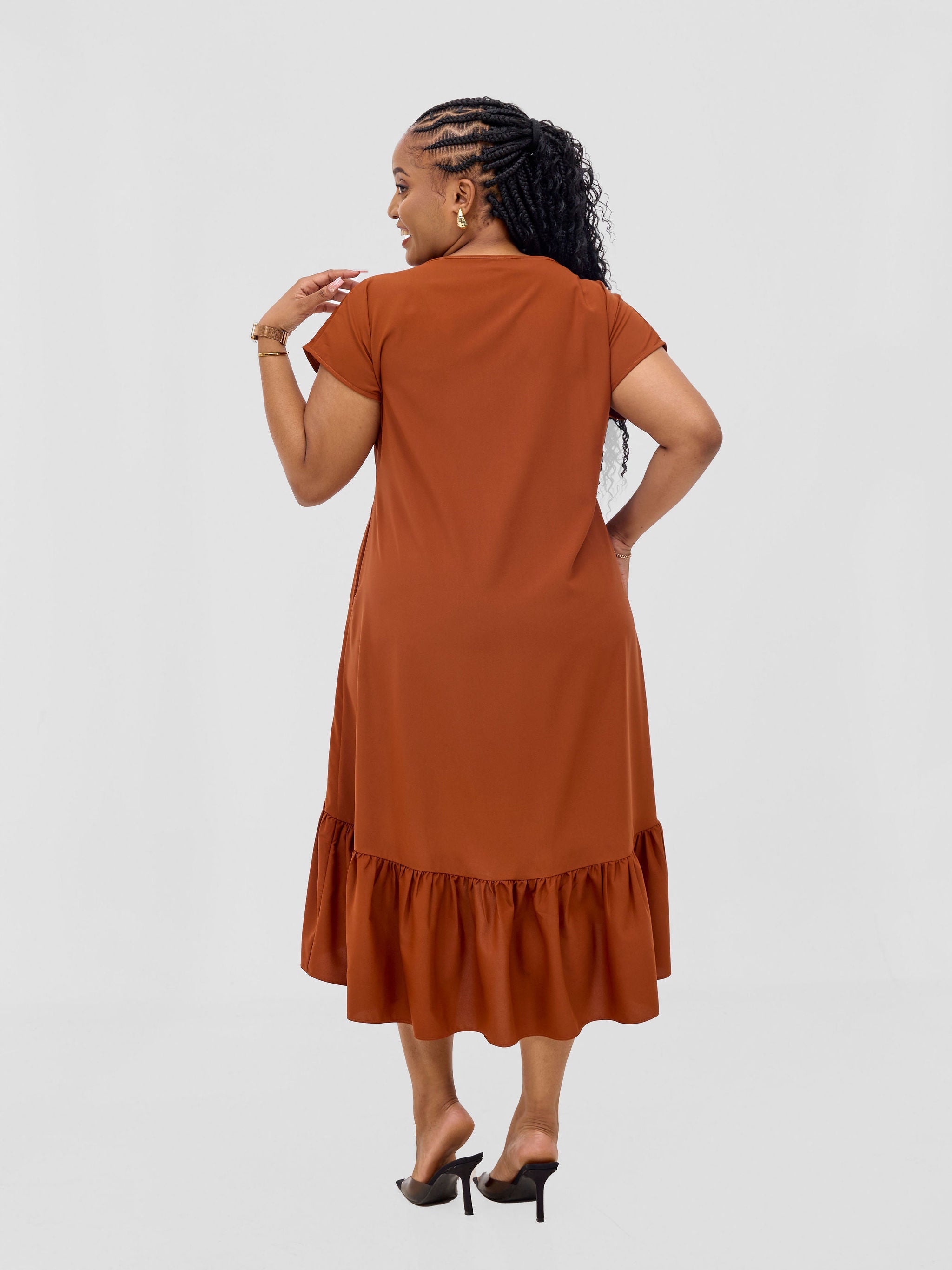 Vivo Esna Drop Shoulder High Low Dress - Rust