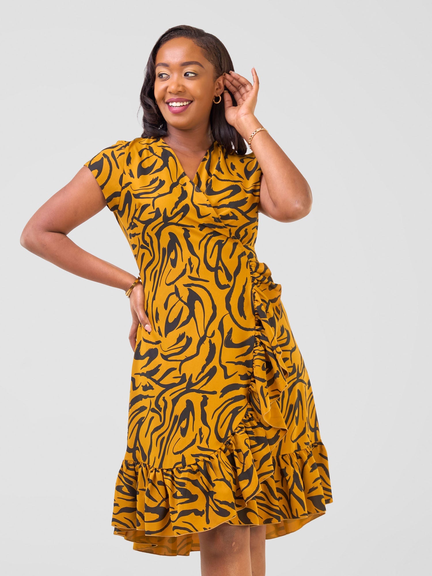 Vivo Nasinka Wrap Dress - Dark Mustard / Black Bugendo Print