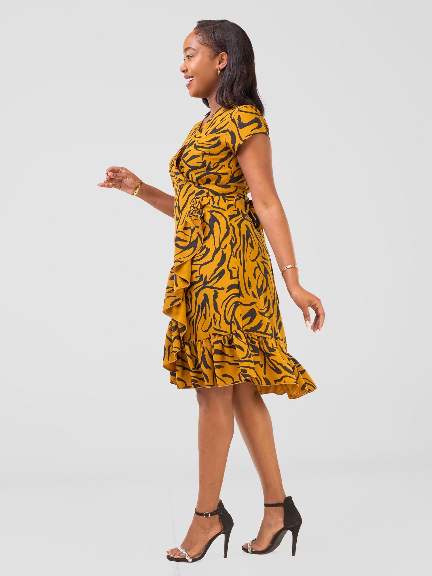 Vivo Nasinka Wrap Dress - Dark Mustard / Black Bugendo Print