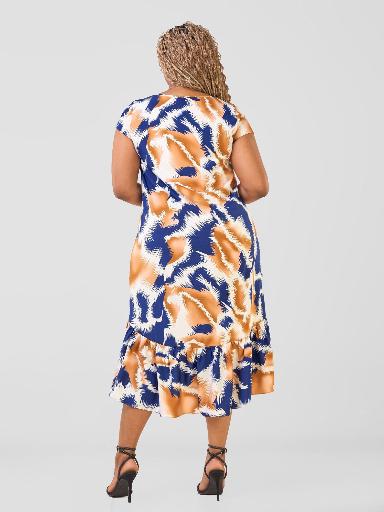 Vivo Ayana Cap Sleeve High Low Tent Dress - Navy / Brown Yana Print