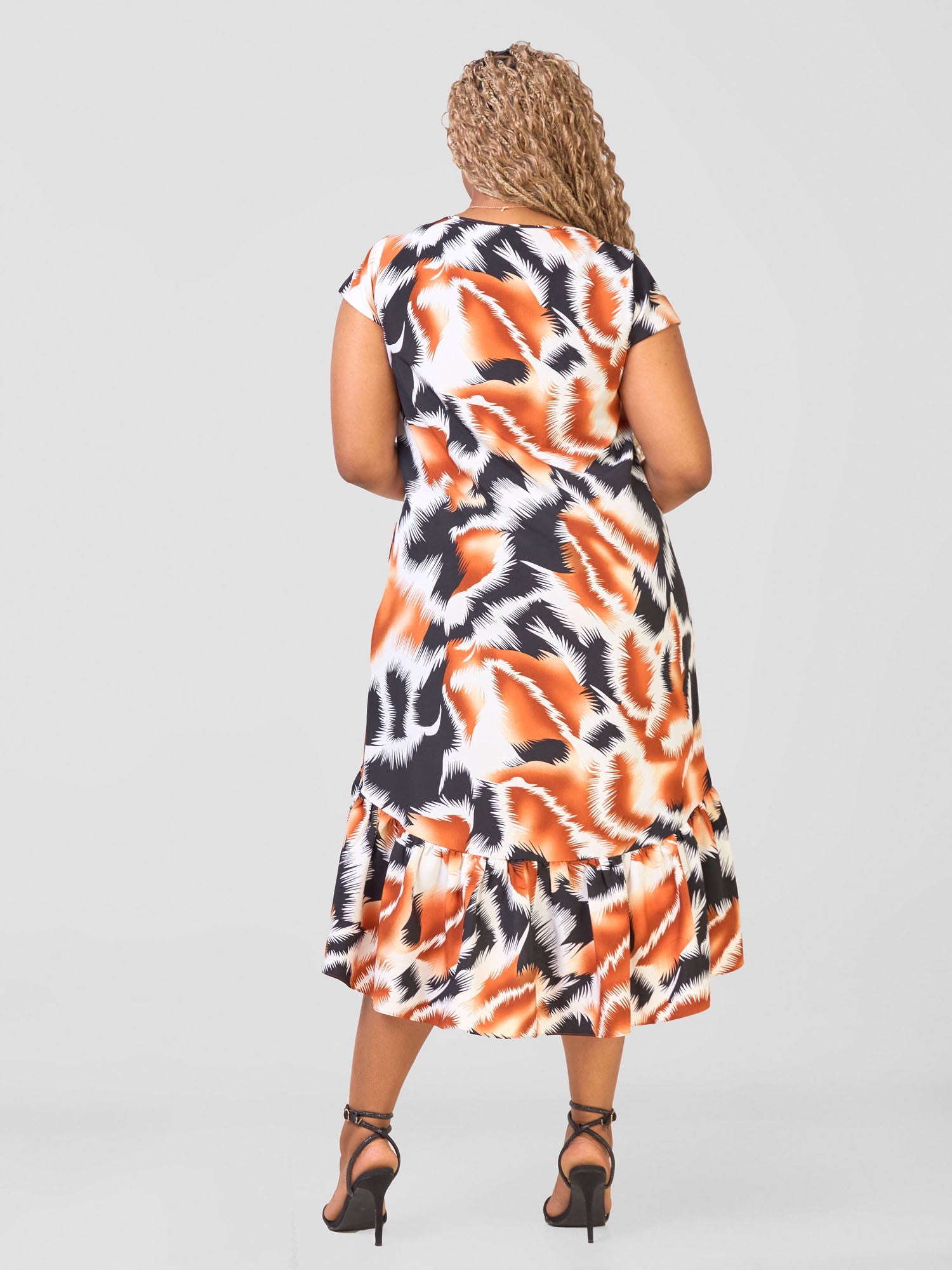 Vivo Ayana Cap Sleeve High Low Tent Dress - Black / Rust Yana Print