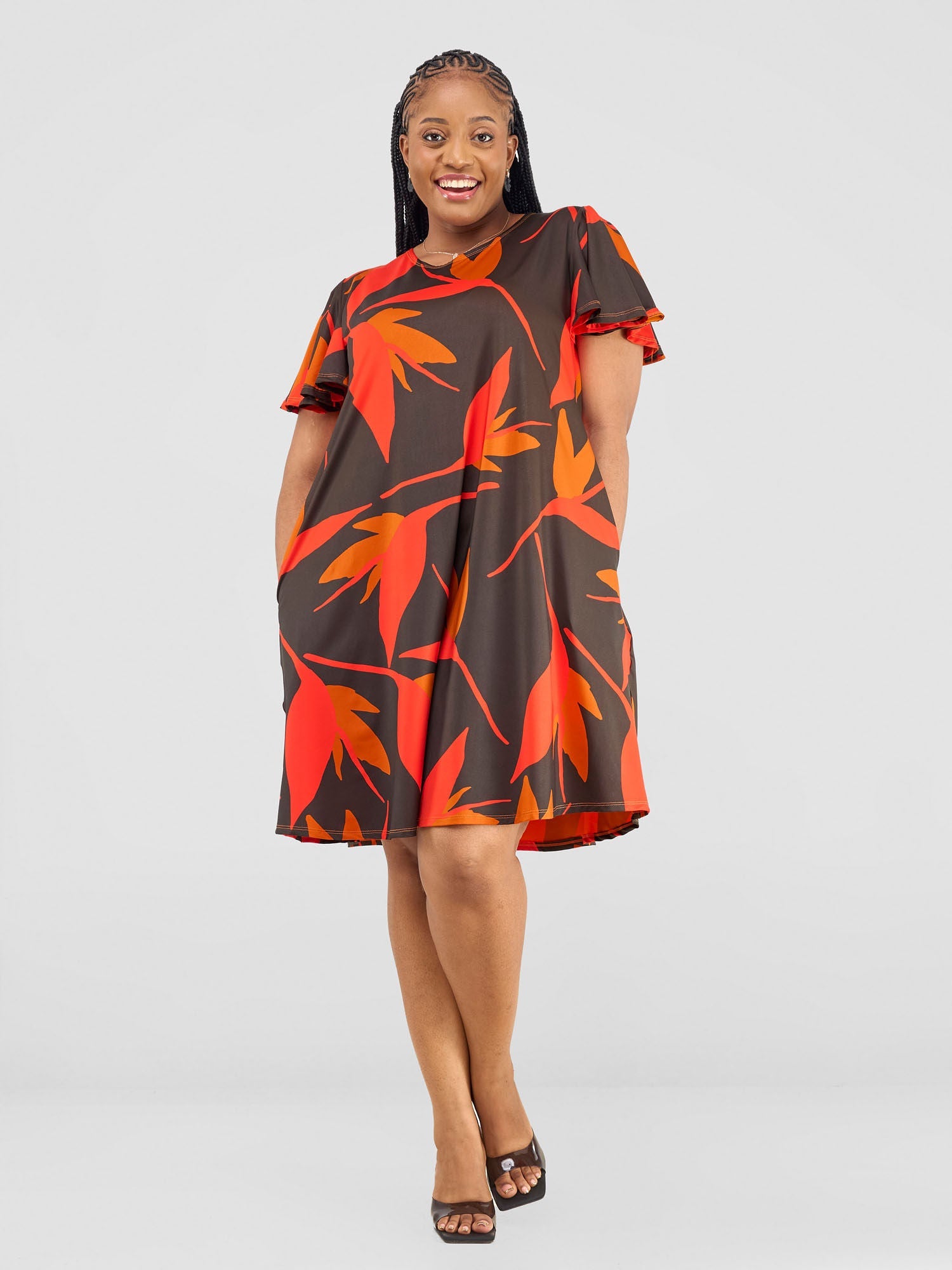 Vivo Ruwa Flounce Sleeve Knee Length Tent Dress - Brown / Orange Mizani Print