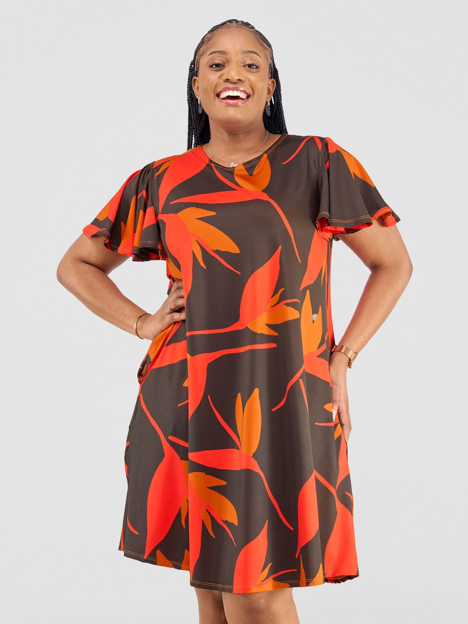 Vivo Ruwa Flounce Sleeve Knee Length Tent Dress - Brown / Orange Mizani Print