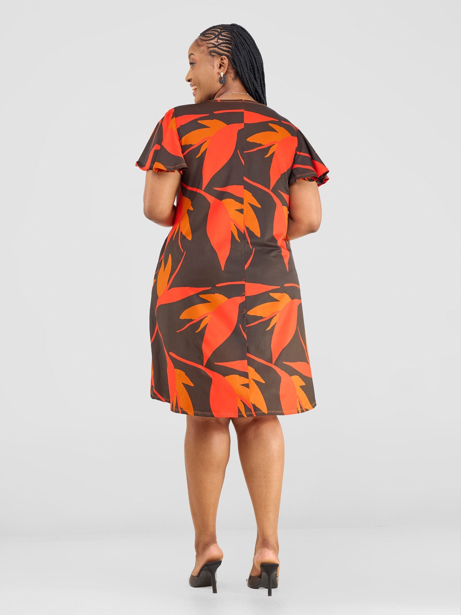 Vivo Ruwa Flounce Sleeve Knee Length Tent Dress - Brown / Orange Mizani Print