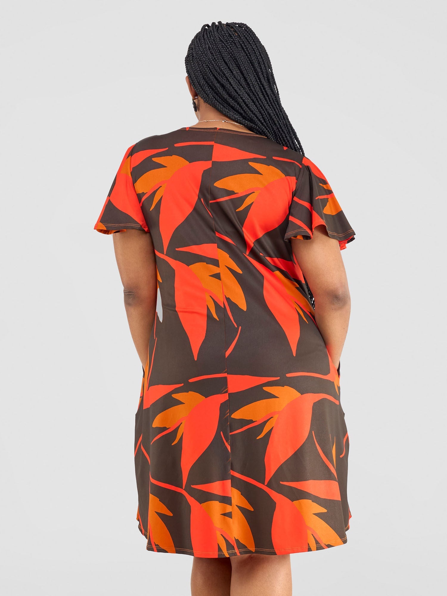 Vivo Ruwa Flounce Sleeve Knee Length Tent Dress - Brown / Orange Mizani Print