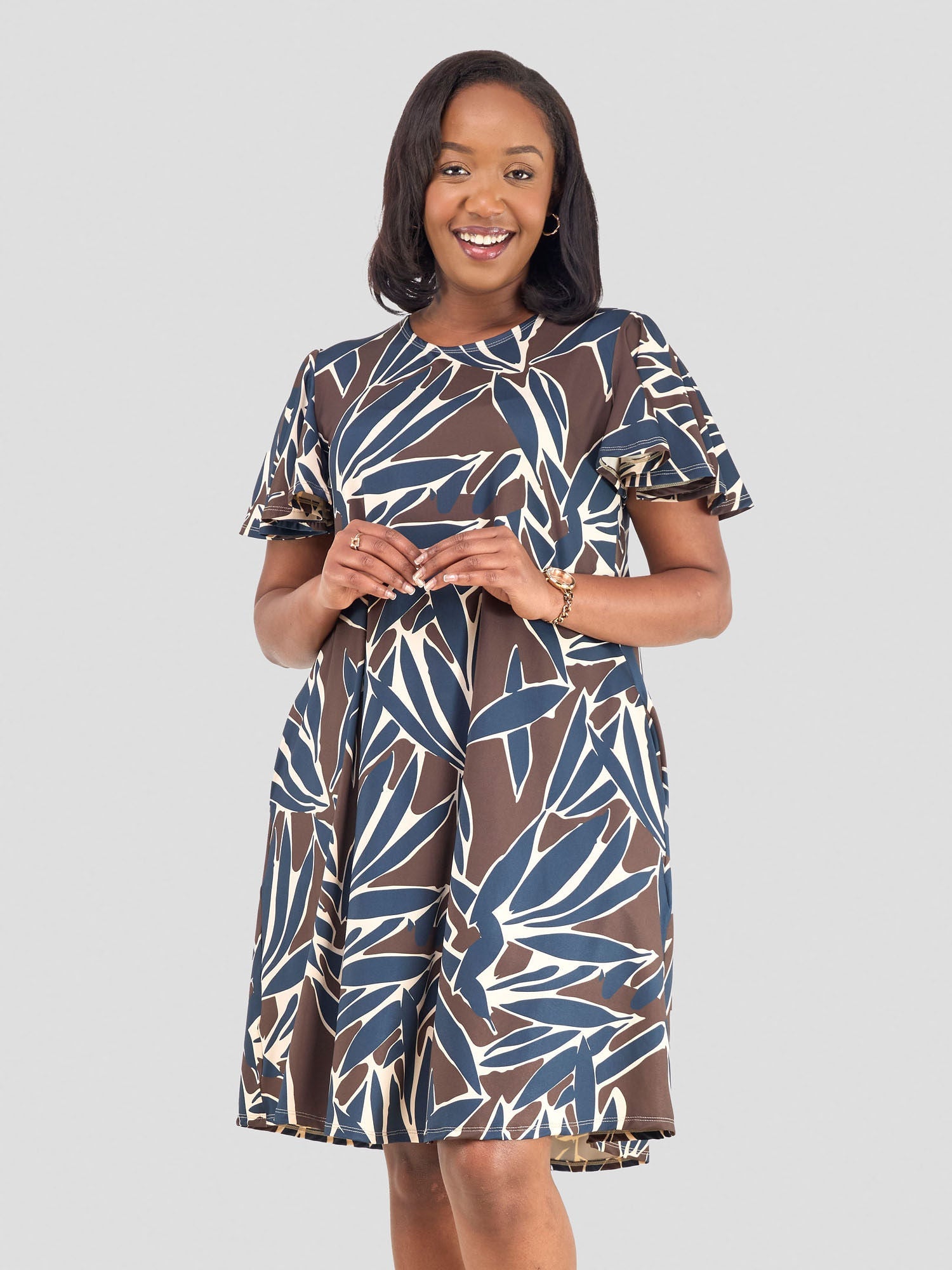 Vivo Ruwa Flounce Sleeve Knee Length Tent Dress - Navy / Brown Tawi Print