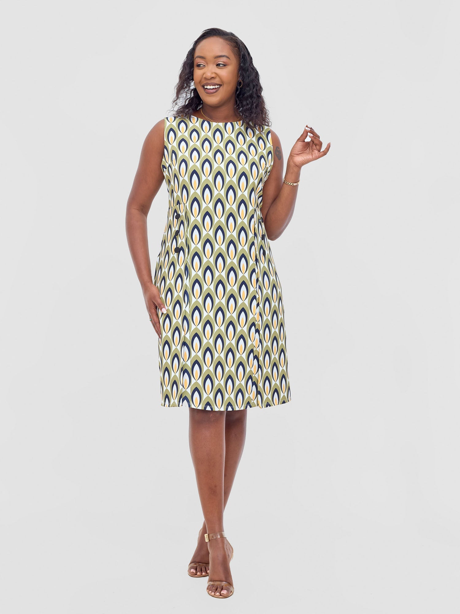 Vivo Mandla Side Flap A-Line Dress - Green / Mustard Manla Print