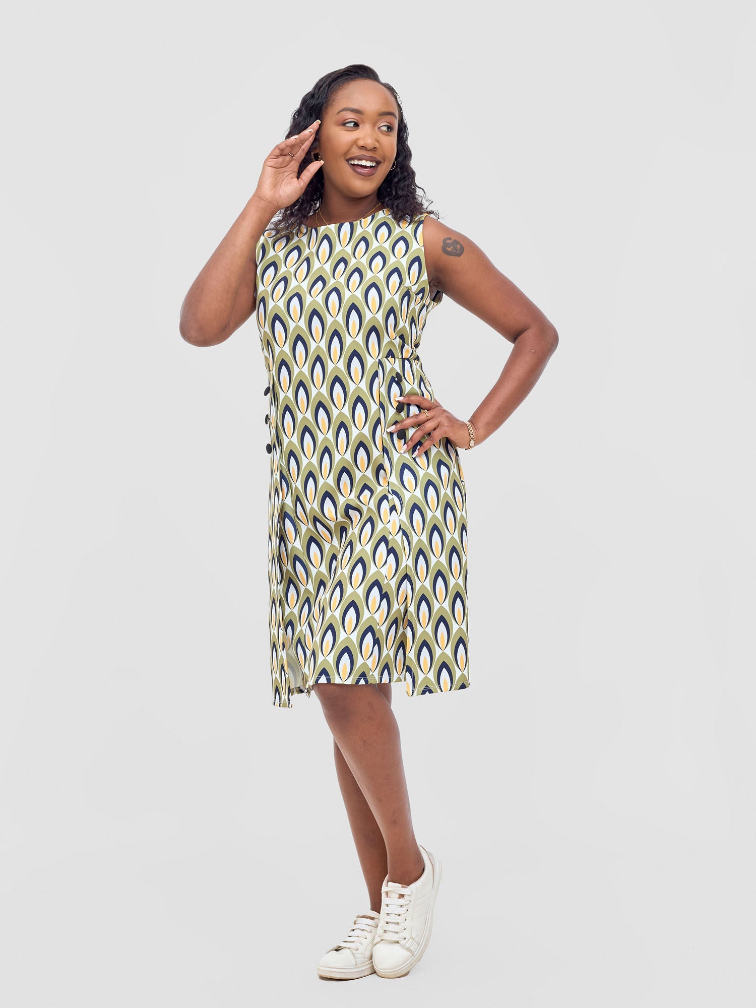 Vivo Mandla Side Flap A-Line Dress - Green / Mustard Manla Print